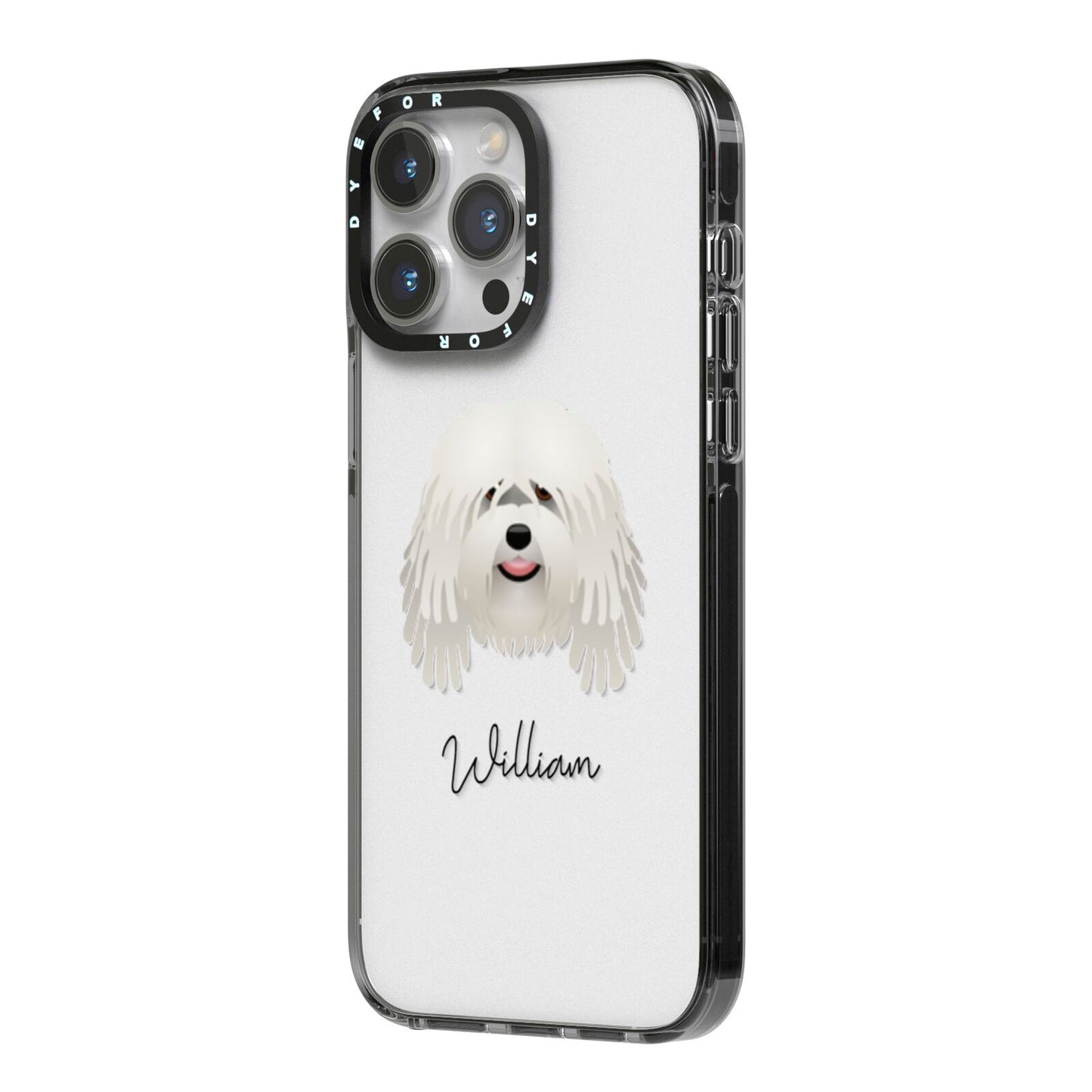 Bergamasco Personalised iPhone 14 Pro Max Black Impact Case Side Angle on Silver phone