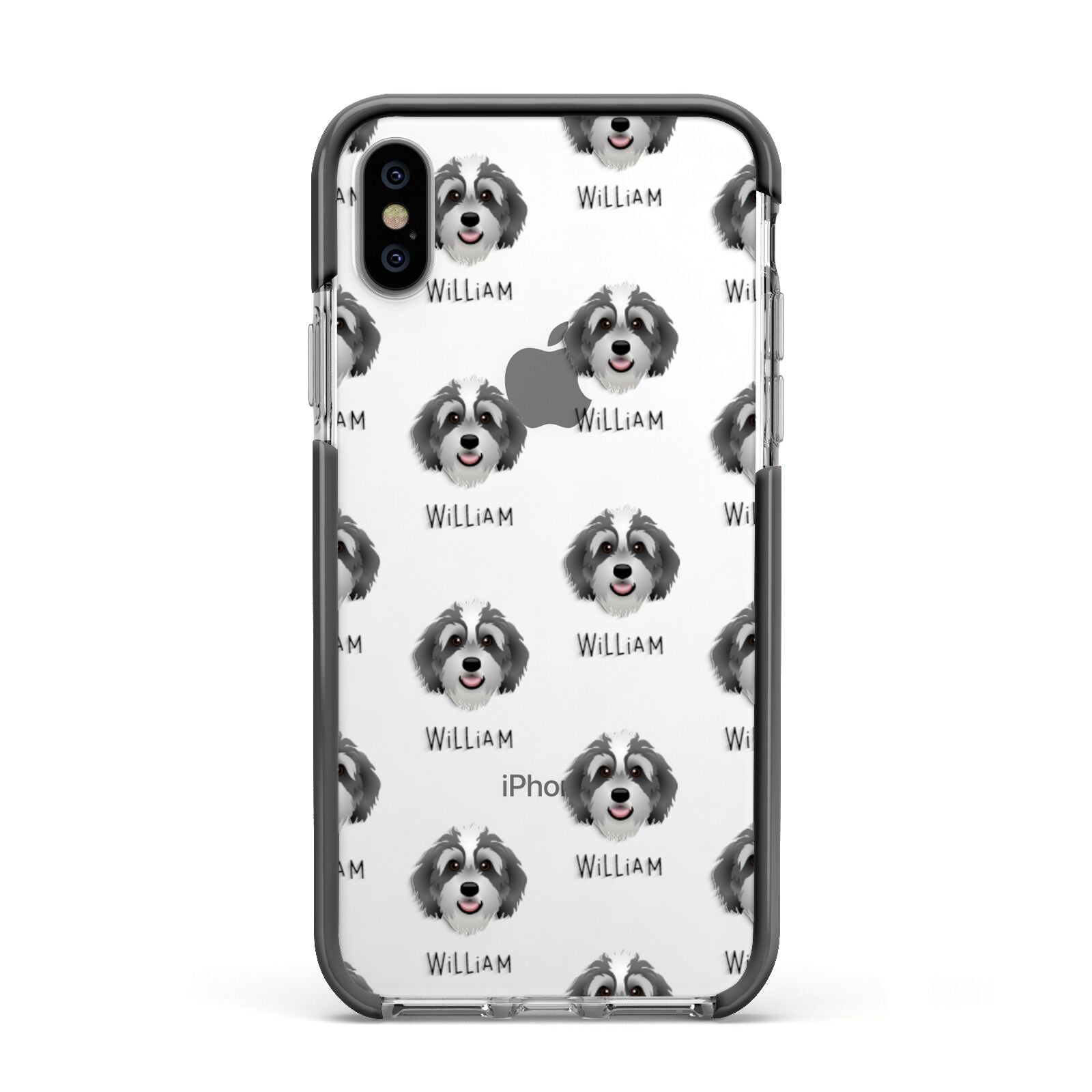Bernedoodle Icon with Name Apple iPhone Xs Impact Case Black Edge on Silver Phone