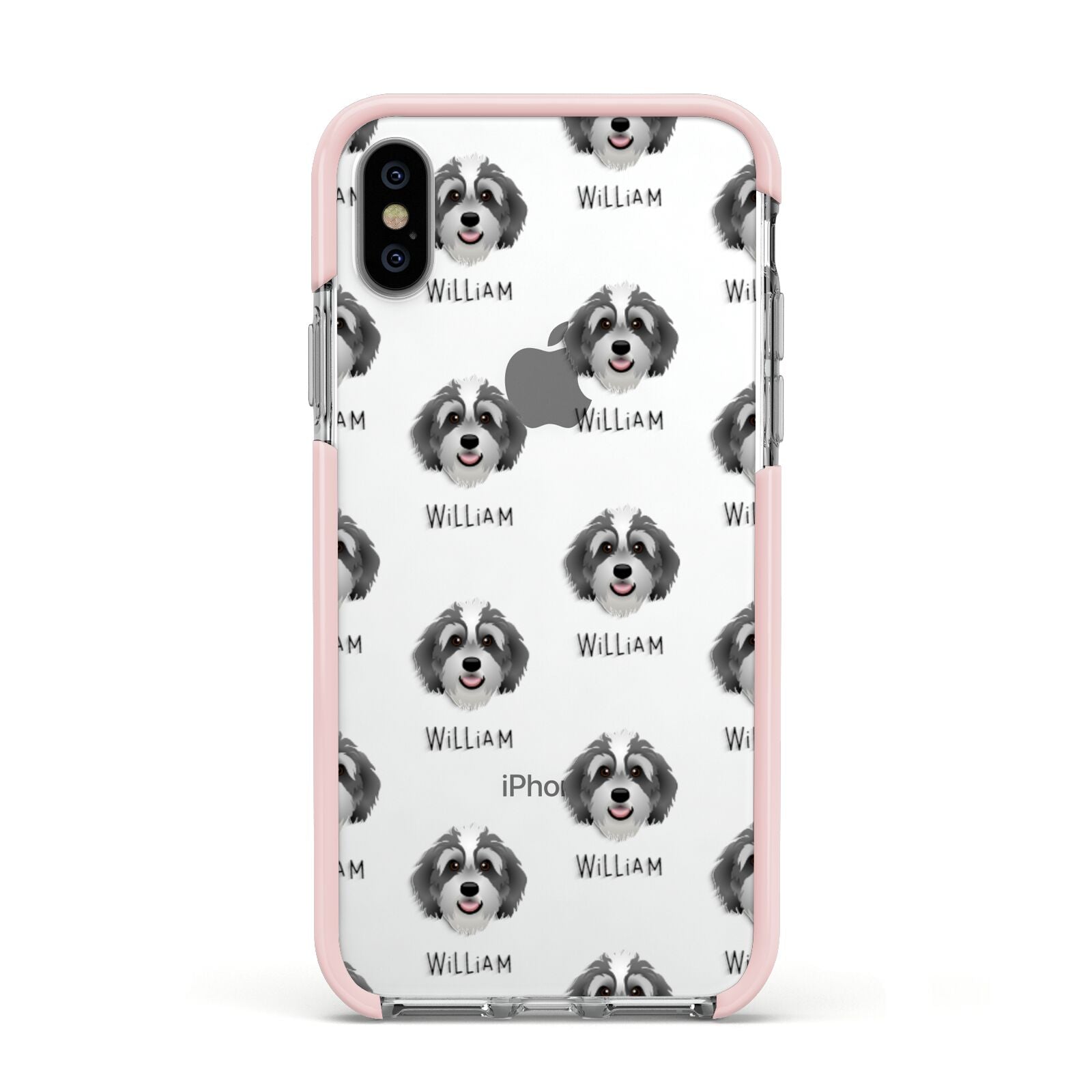 Bernedoodle Icon with Name Apple iPhone Xs Impact Case Pink Edge on Silver Phone