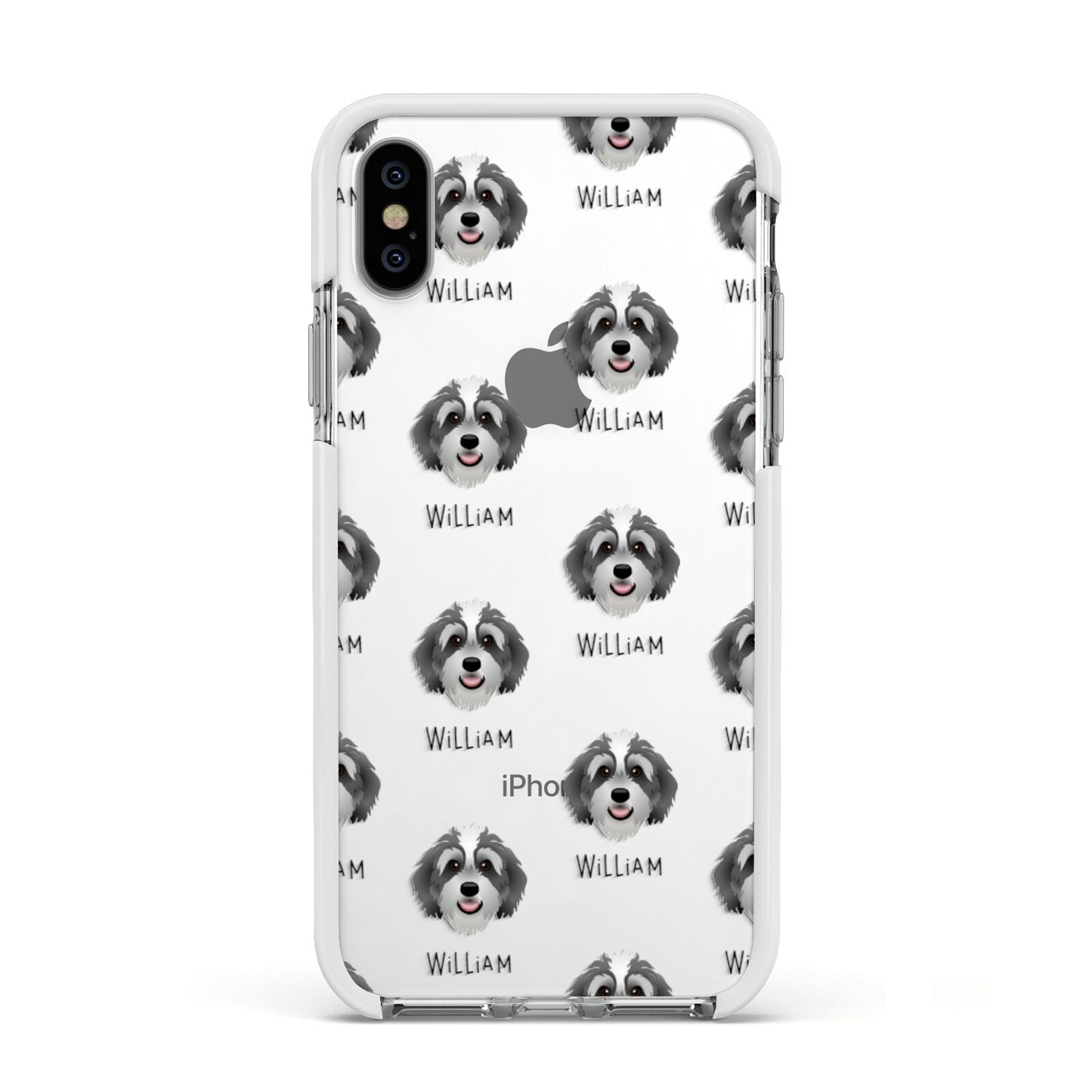 Bernedoodle Icon with Name Apple iPhone Xs Impact Case White Edge on Silver Phone