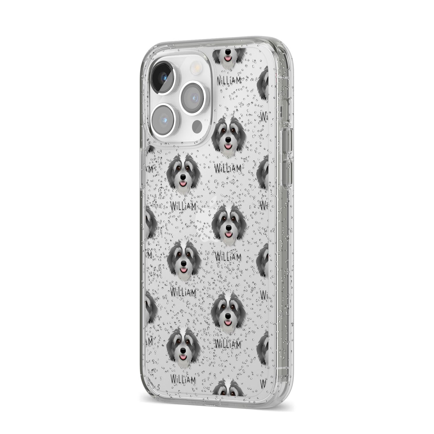 Bernedoodle Icon with Name iPhone 14 Pro Max Glitter Tough Case Silver Angled Image