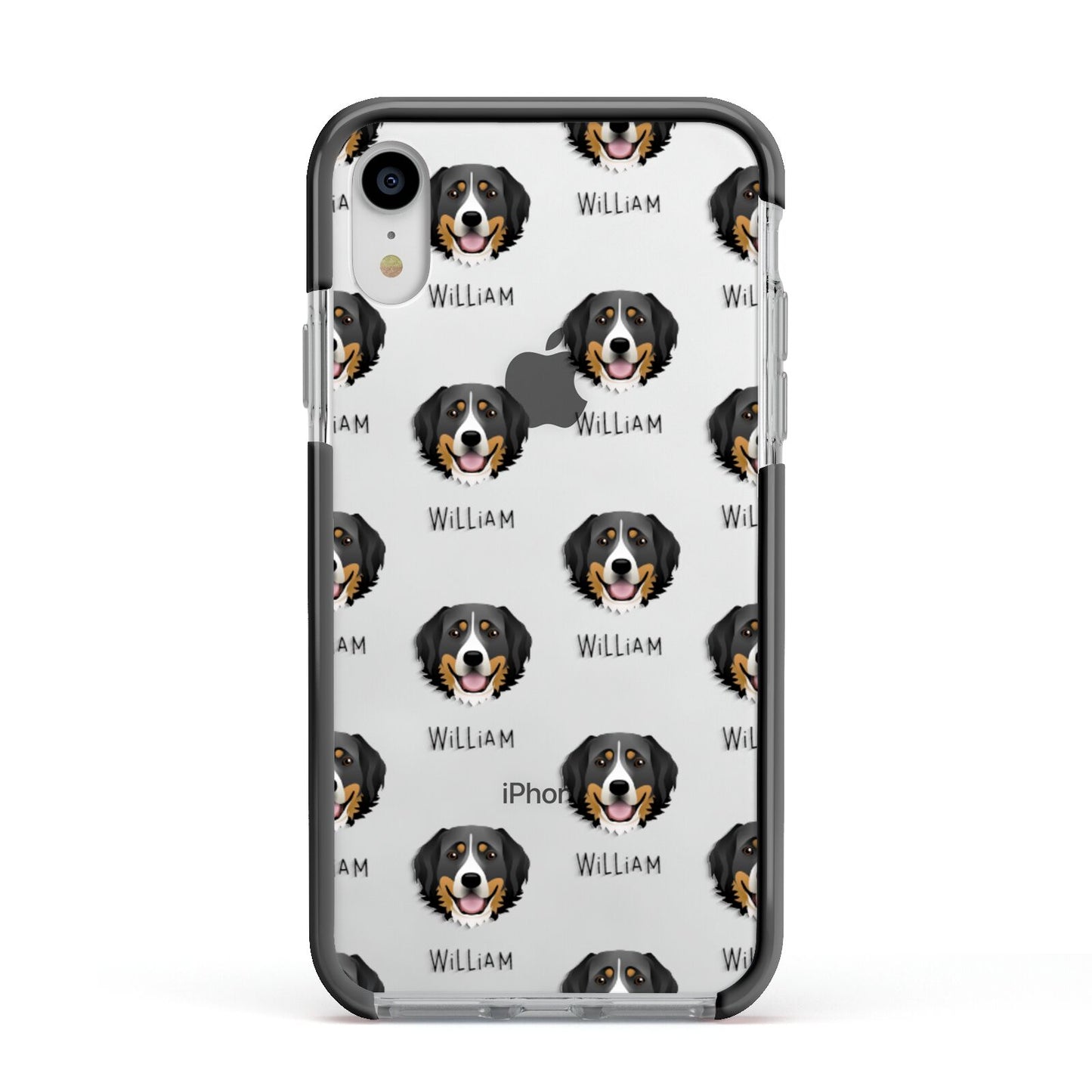 Bernese Mountain Dog Icon with Name Apple iPhone XR Impact Case Black Edge on Silver Phone