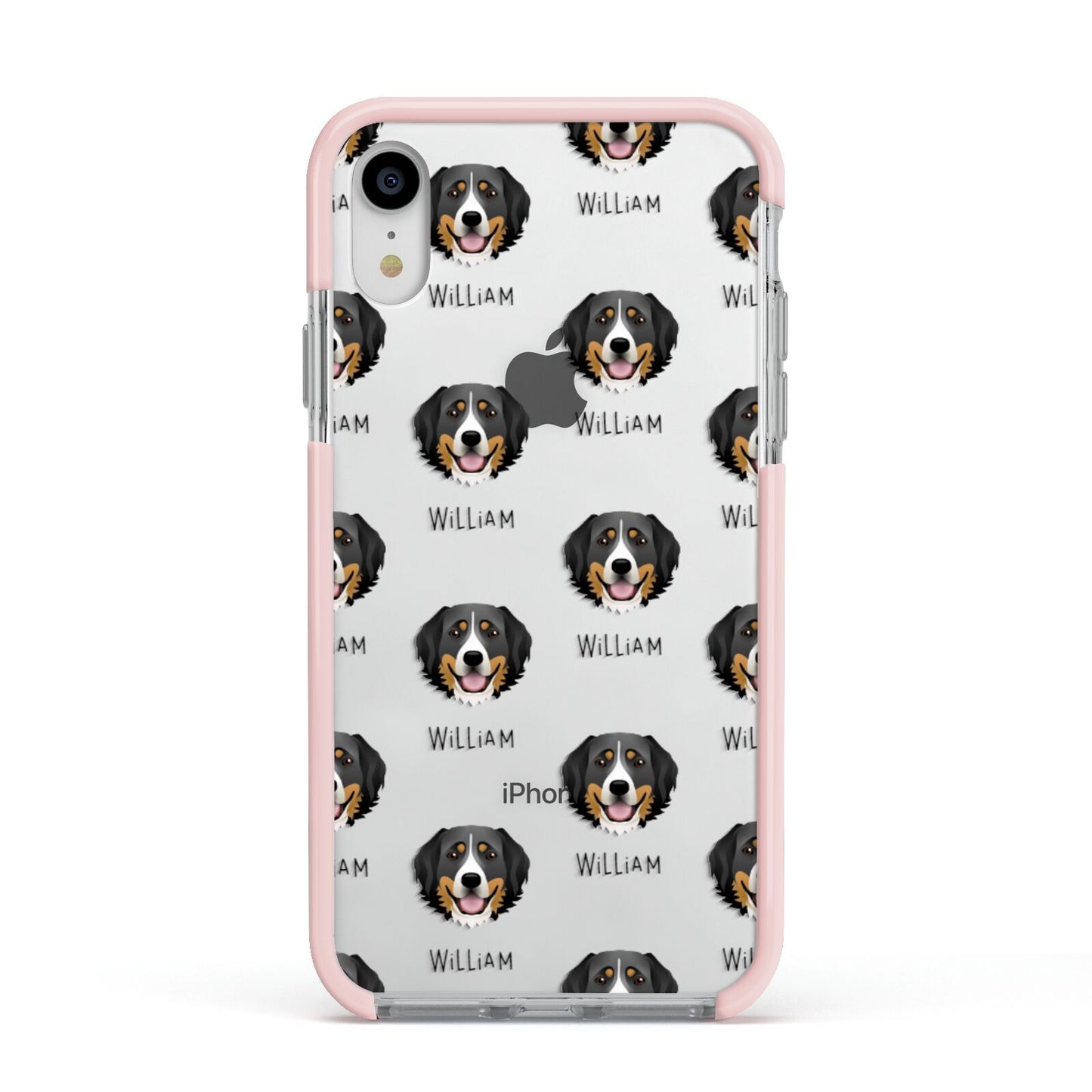 Bernese Mountain Dog Icon with Name Apple iPhone XR Impact Case Pink Edge on Silver Phone