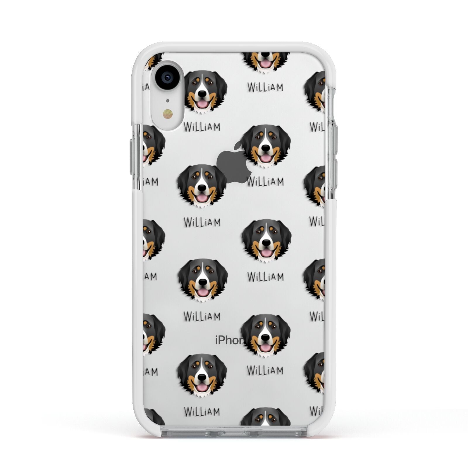 Bernese Mountain Dog Icon with Name Apple iPhone XR Impact Case White Edge on Silver Phone