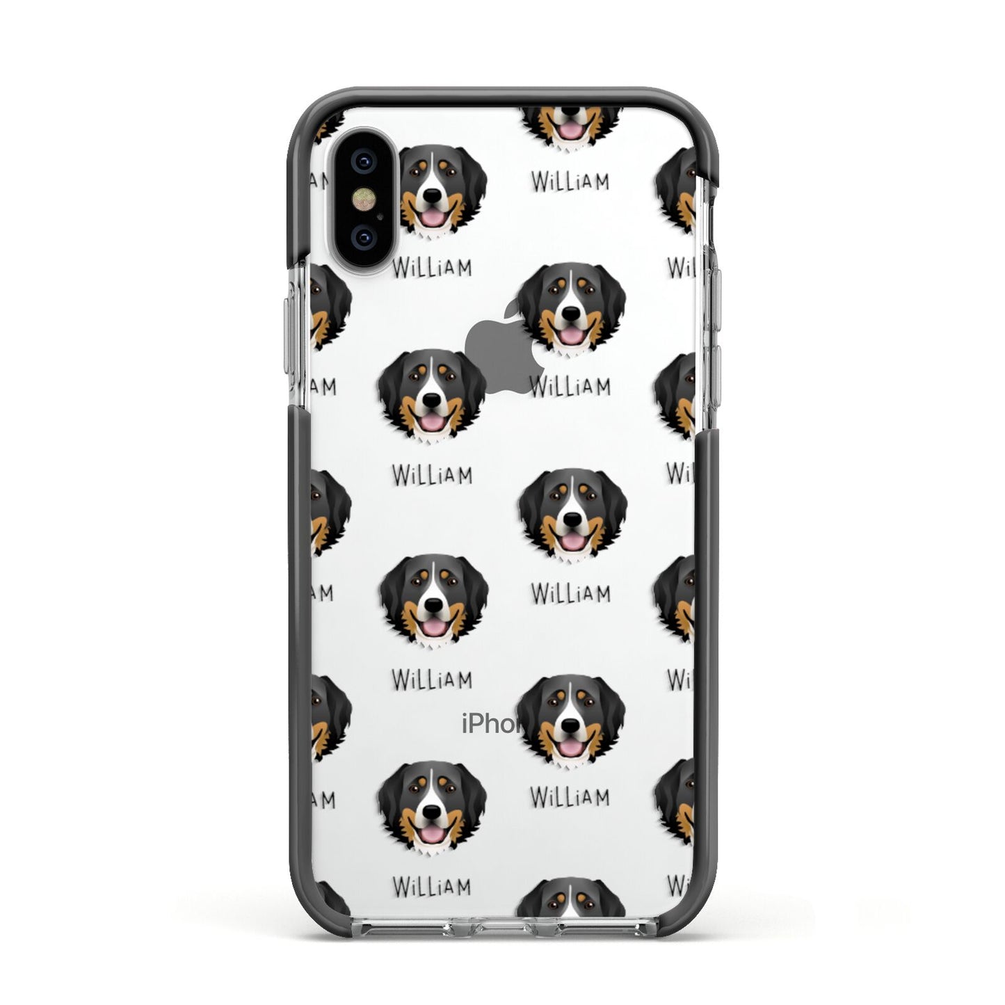 Bernese Mountain Dog Icon with Name Apple iPhone Xs Impact Case Black Edge on Silver Phone