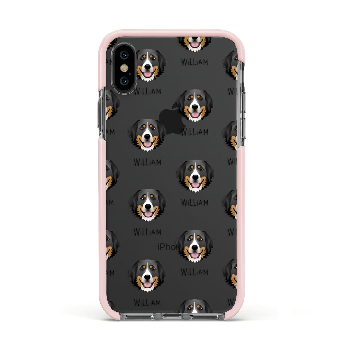 Bernese Mountain Dog Icon with Name Apple iPhone Xs Impact Case Pink Edge on Black Phone