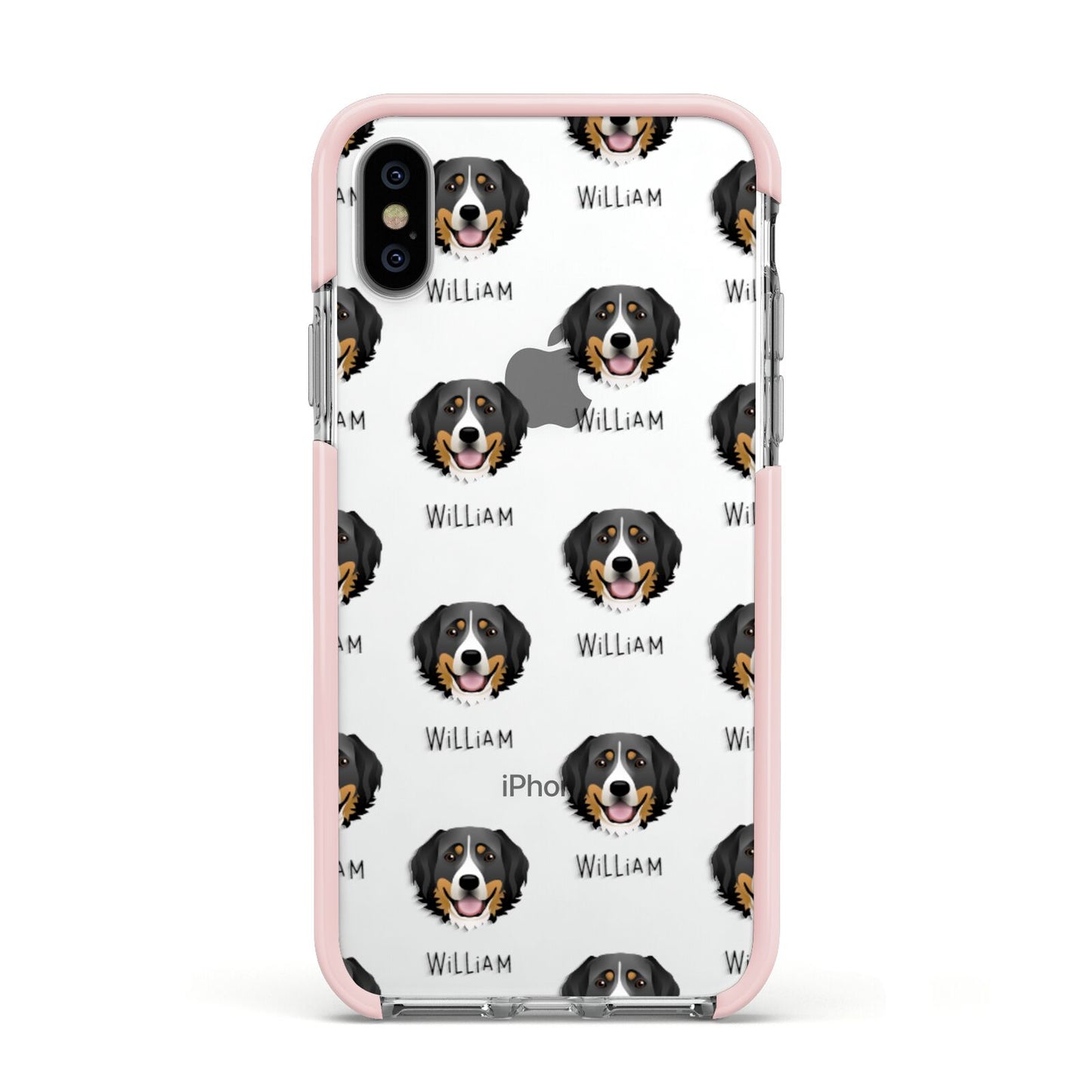 Bernese Mountain Dog Icon with Name Apple iPhone Xs Impact Case Pink Edge on Silver Phone