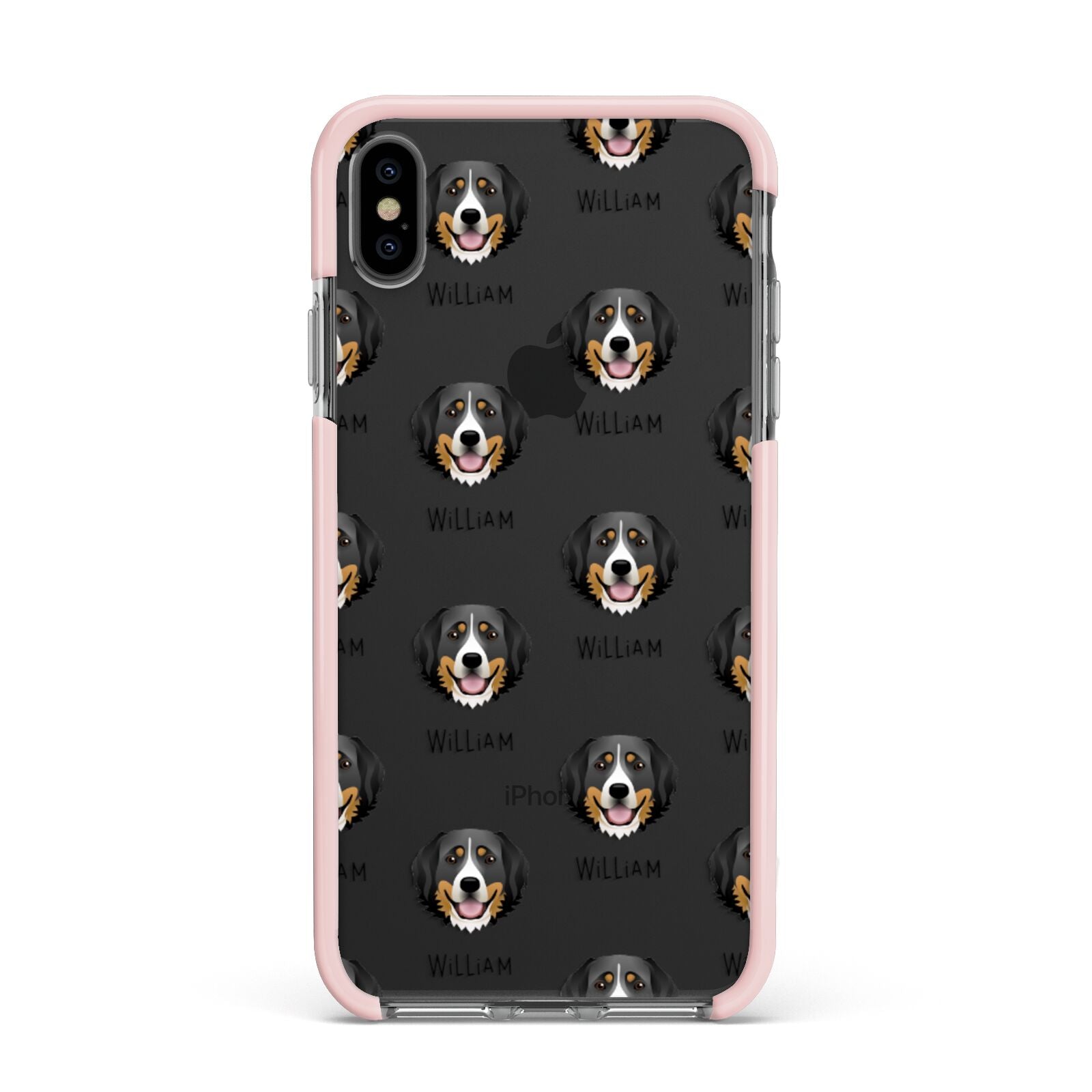 Bernese Mountain Dog Icon with Name Apple iPhone Xs Max Impact Case Pink Edge on Black Phone