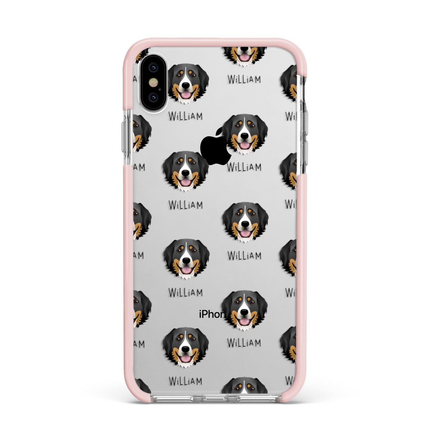 Bernese Mountain Dog Icon with Name Apple iPhone Xs Max Impact Case Pink Edge on Silver Phone