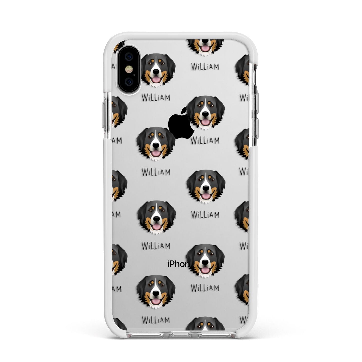 Bernese Mountain Dog Icon with Name Apple iPhone Xs Max Impact Case White Edge on Silver Phone