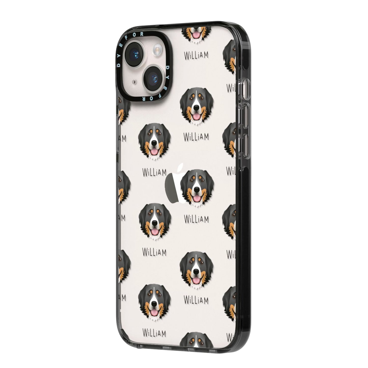 Bernese Mountain Dog Icon with Name iPhone 14 Plus Black Impact Case Side Angle on Silver phone