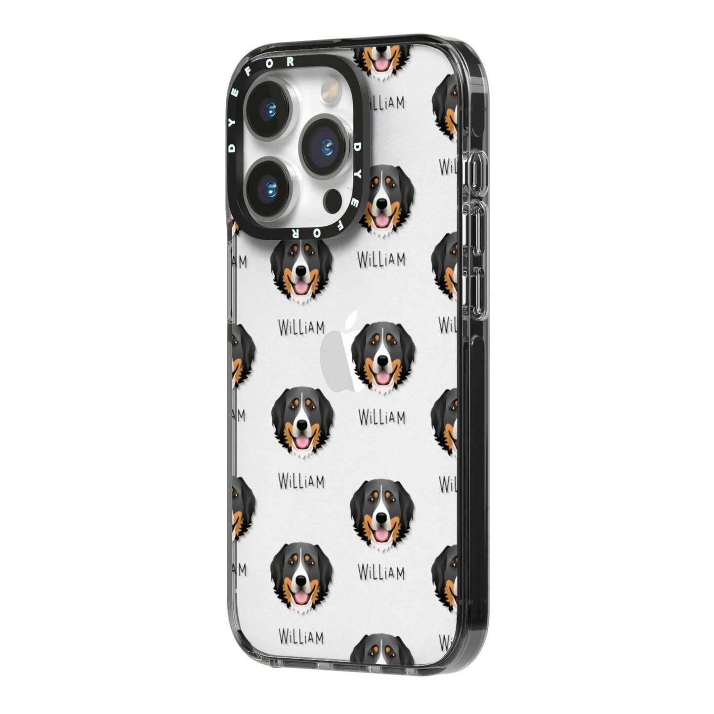 Bernese Mountain Dog Icon with Name iPhone 14 Pro Black Impact Case Side Angle on Silver phone