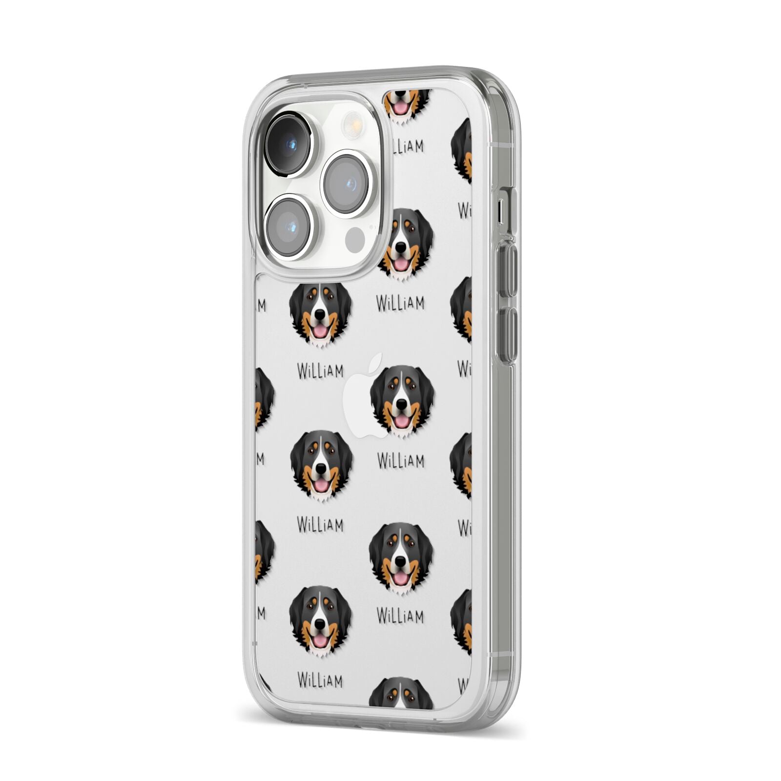 Bernese Mountain Dog Icon with Name iPhone 14 Pro Clear Tough Case Silver Angled Image