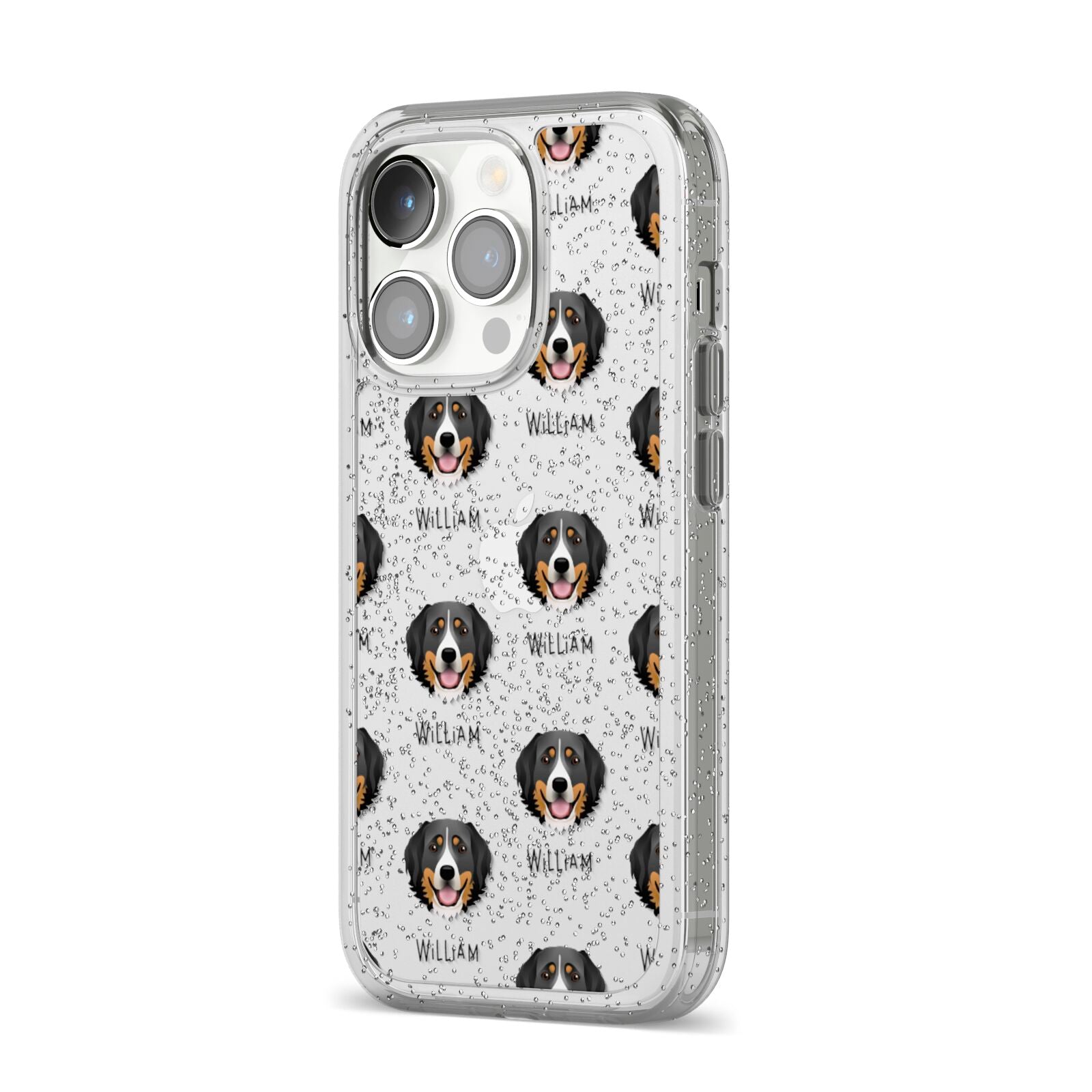 Bernese Mountain Dog Icon with Name iPhone 14 Pro Glitter Tough Case Silver Angled Image