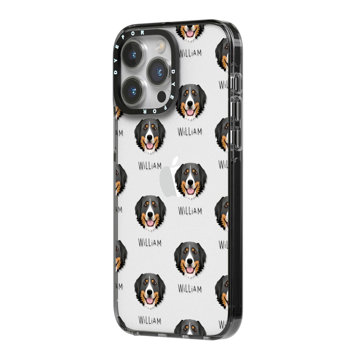 Bernese Mountain Dog Icon with Name iPhone 14 Pro Max Black Impact Case Side Angle on Silver phone