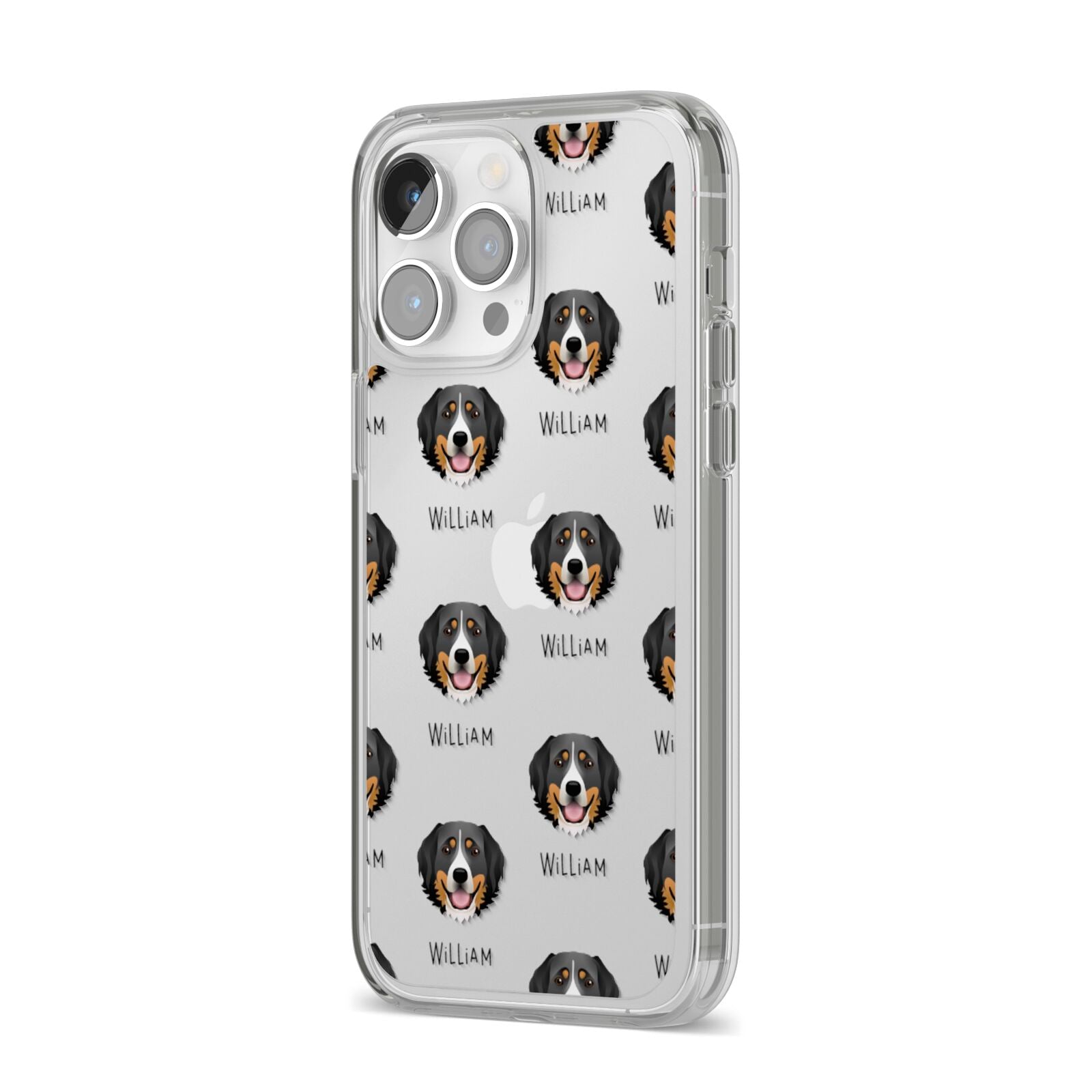 Bernese Mountain Dog Icon with Name iPhone 14 Pro Max Clear Tough Case Silver Angled Image