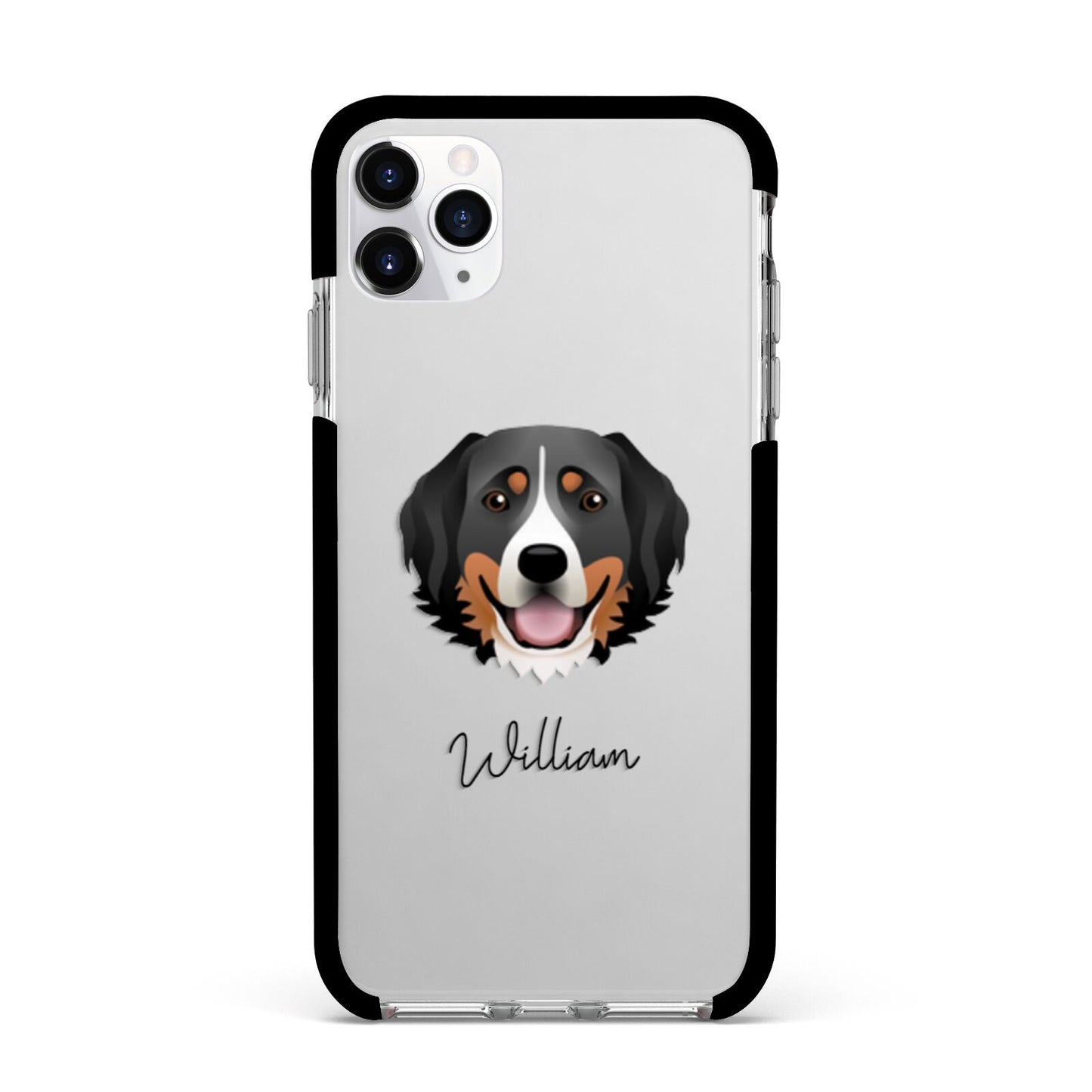 Bernese Mountain Dog Personalised Apple iPhone 11 Pro Max in Silver with Black Impact Case