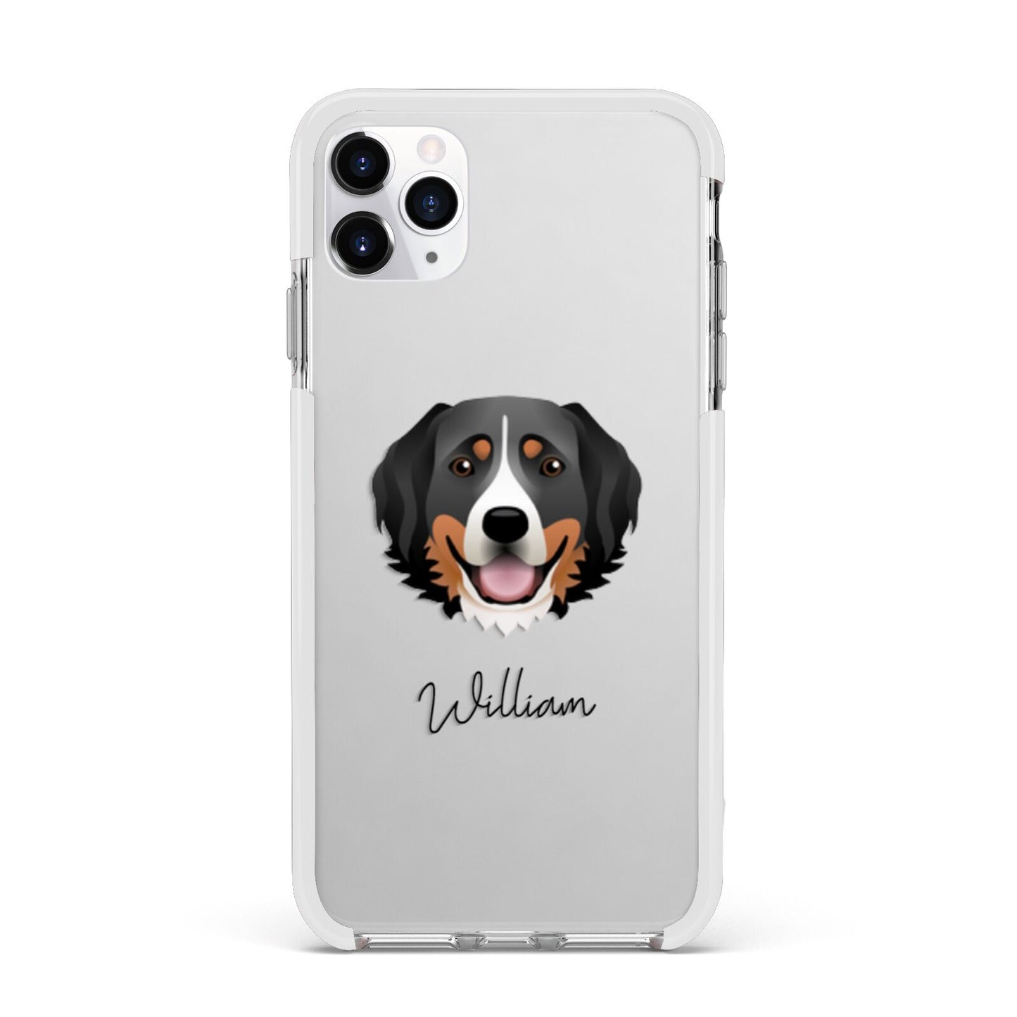 Bernese Mountain Dog Personalised Apple iPhone 11 Pro Max in Silver with White Impact Case
