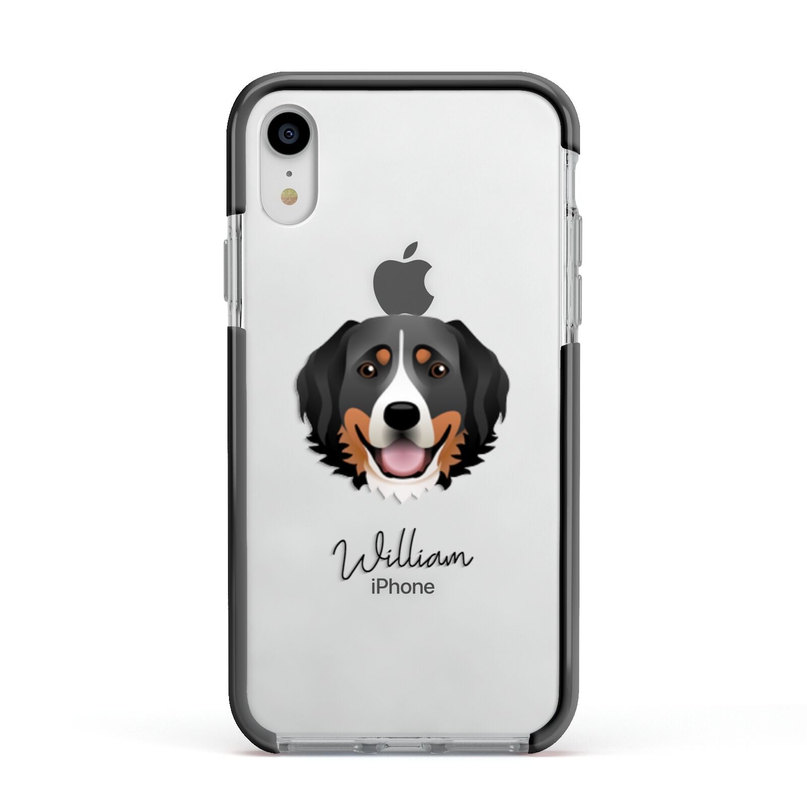 Bernese Mountain Dog Personalised Apple iPhone XR Impact Case Black Edge on Silver Phone