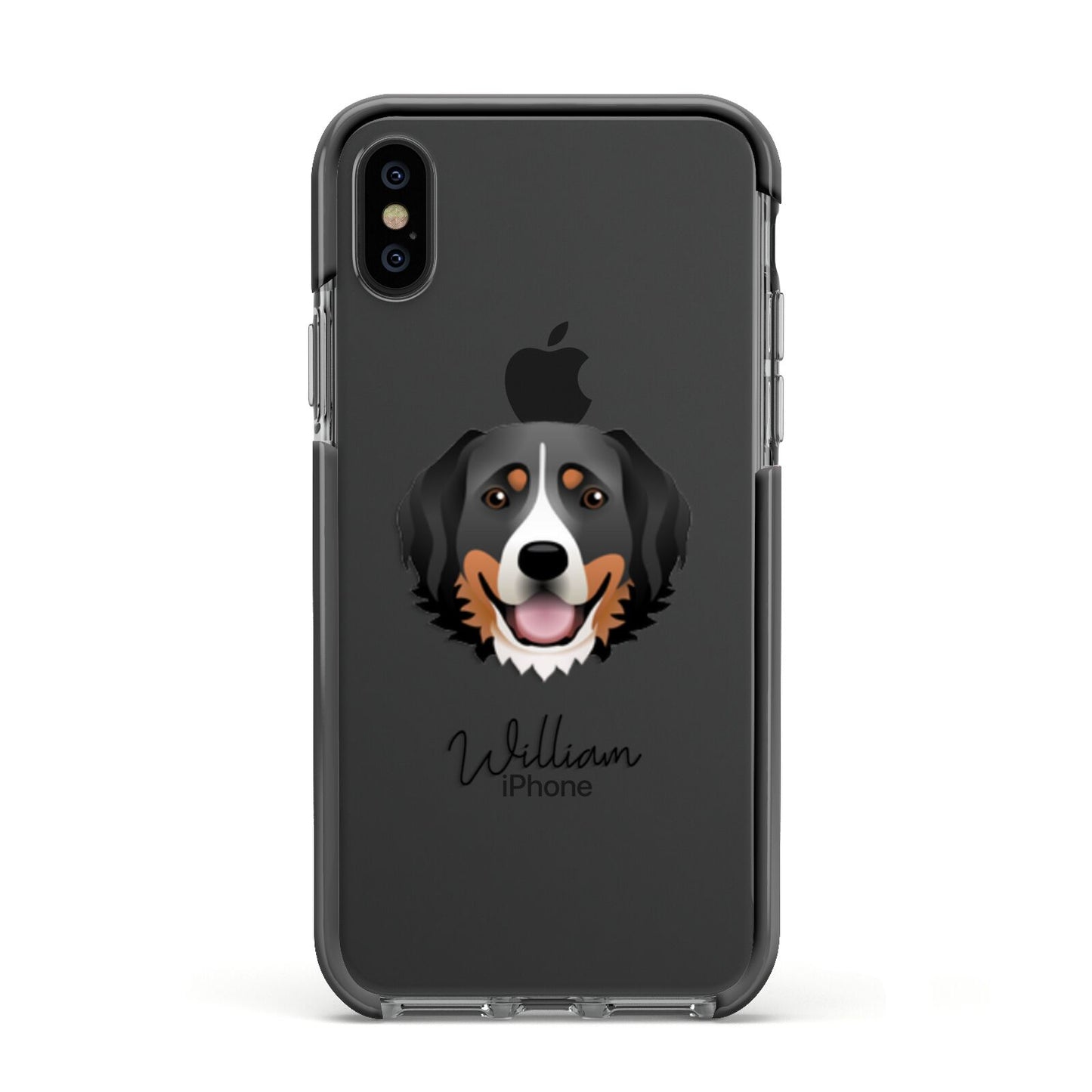 Bernese Mountain Dog Personalised Apple iPhone Xs Impact Case Black Edge on Black Phone