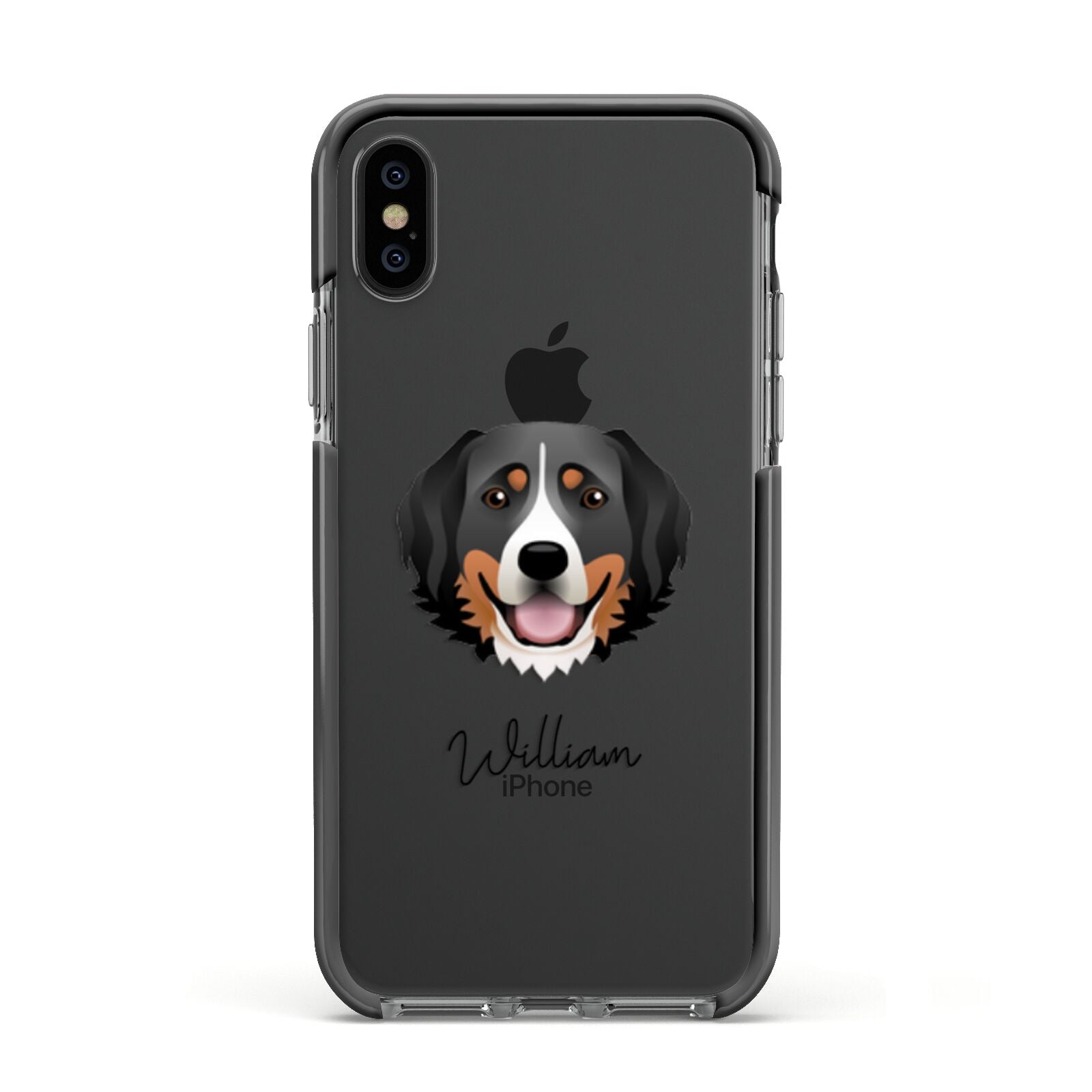 Bernese Mountain Dog Personalised Apple iPhone Xs Impact Case Black Edge on Black Phone