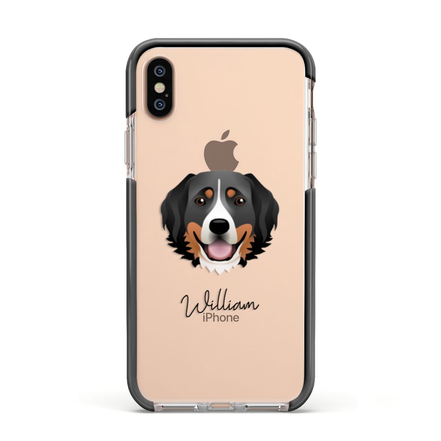 Bernese Mountain Dog Personalised Apple iPhone Xs Impact Case Black Edge on Gold Phone