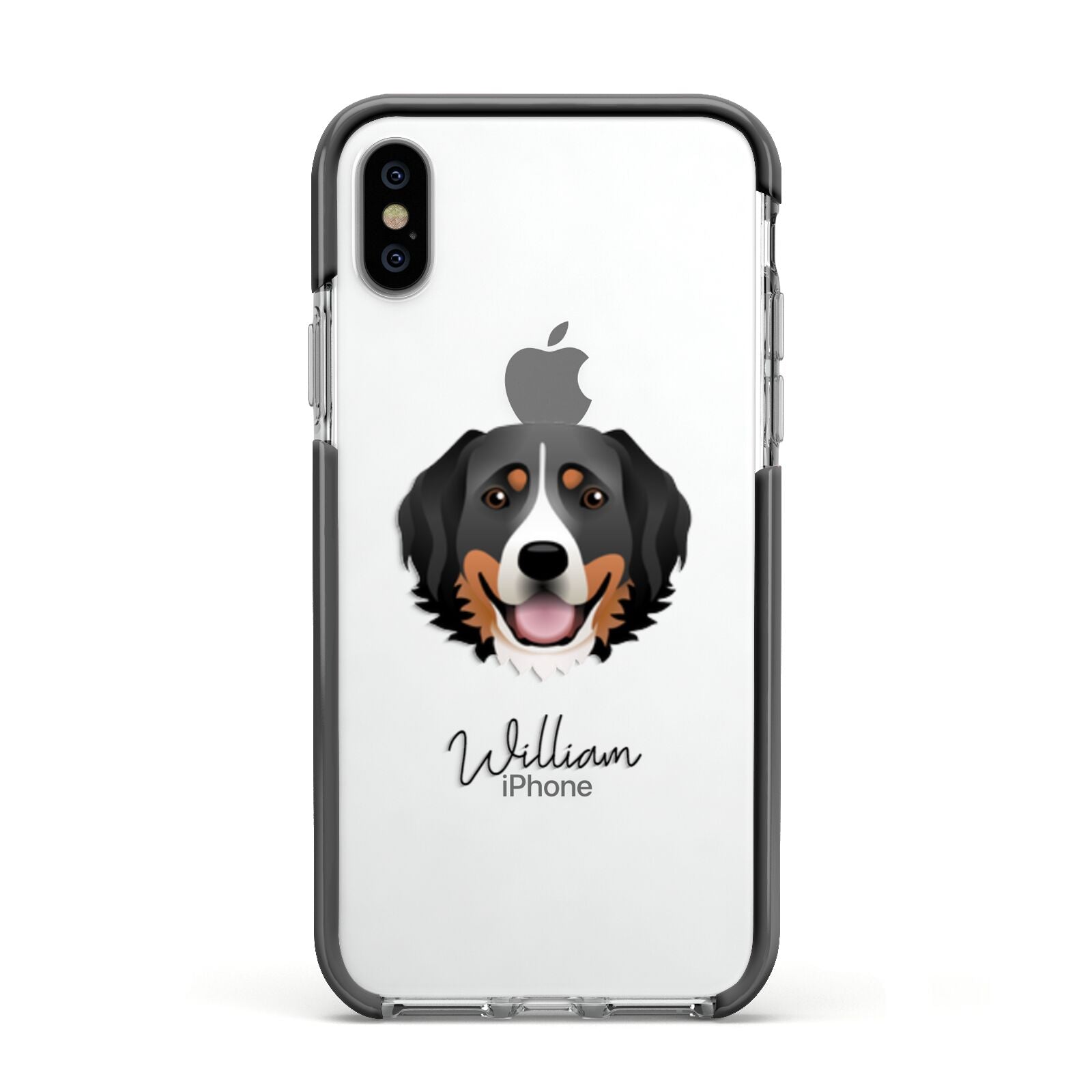 Bernese Mountain Dog Personalised Apple iPhone Xs Impact Case Black Edge on Silver Phone