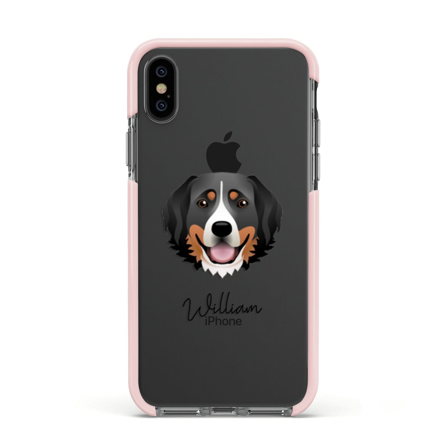 Bernese Mountain Dog Personalised Apple iPhone Xs Impact Case Pink Edge on Black Phone