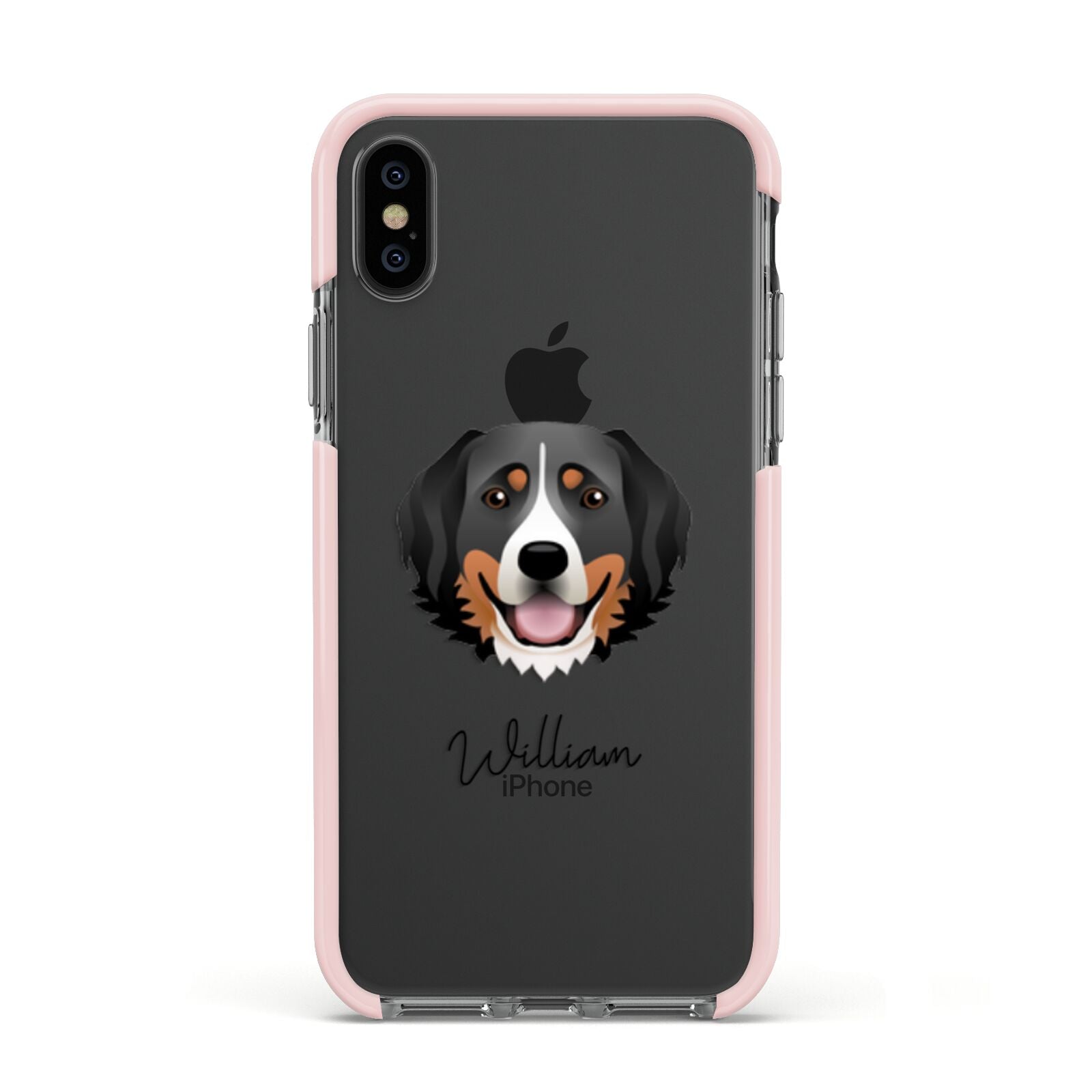 Bernese Mountain Dog Personalised Apple iPhone Xs Impact Case Pink Edge on Black Phone