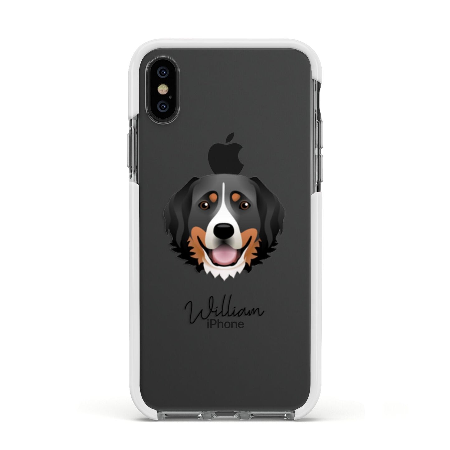 Bernese Mountain Dog Personalised Apple iPhone Xs Impact Case White Edge on Black Phone