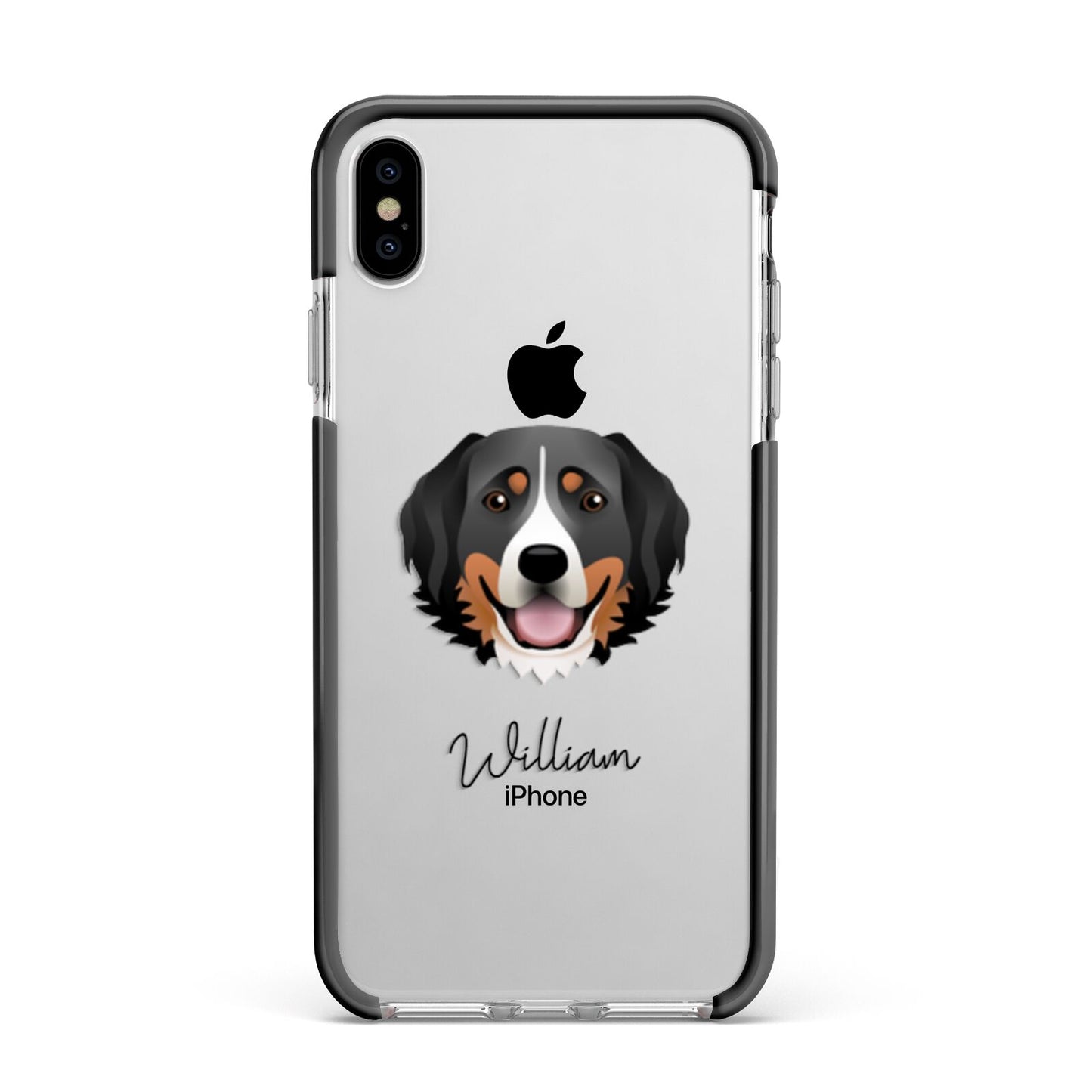 Bernese Mountain Dog Personalised Apple iPhone Xs Max Impact Case Black Edge on Silver Phone
