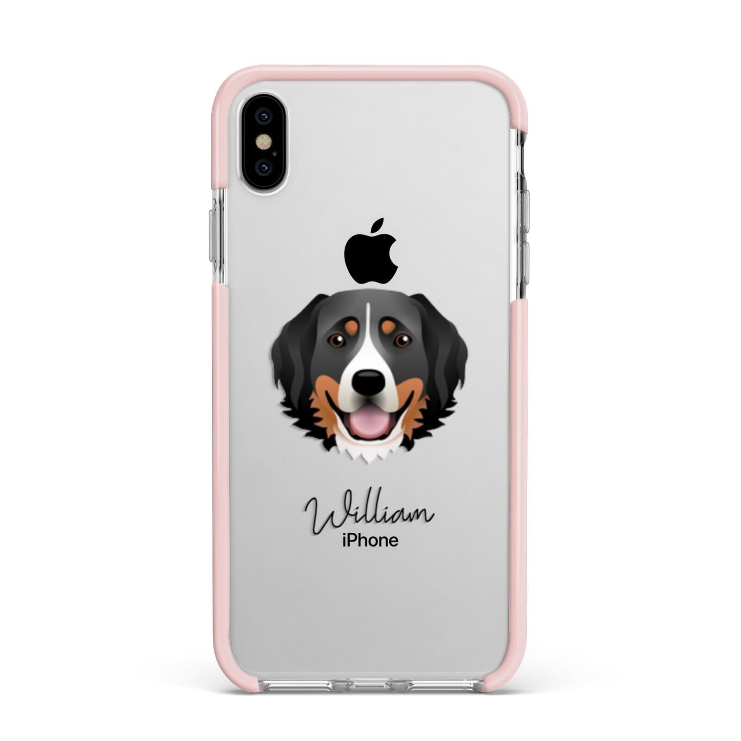 Bernese Mountain Dog Personalised Apple iPhone Xs Max Impact Case Pink Edge on Silver Phone