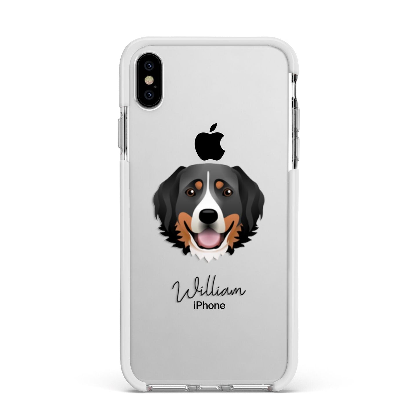 Bernese Mountain Dog Personalised Apple iPhone Xs Max Impact Case White Edge on Silver Phone