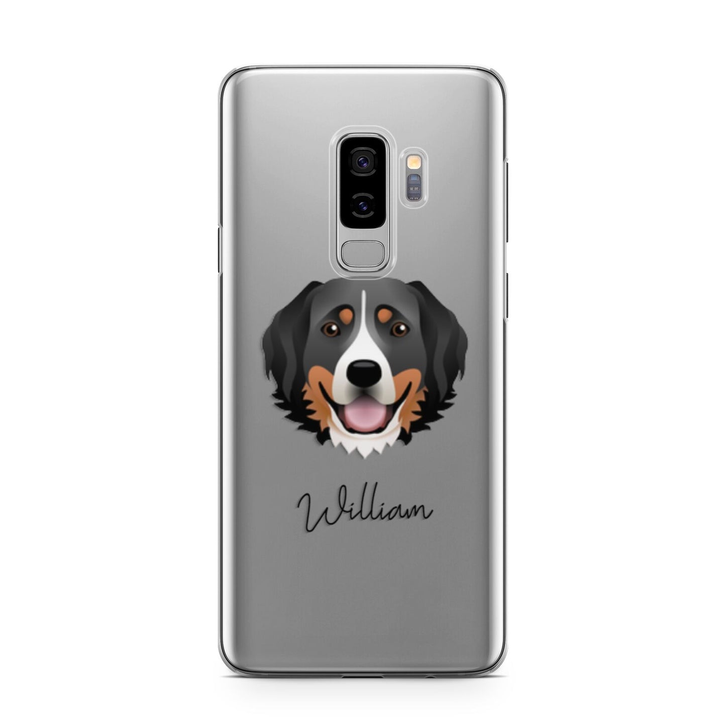 Bernese Mountain Dog Personalised Samsung Galaxy S9 Plus Case on Silver phone