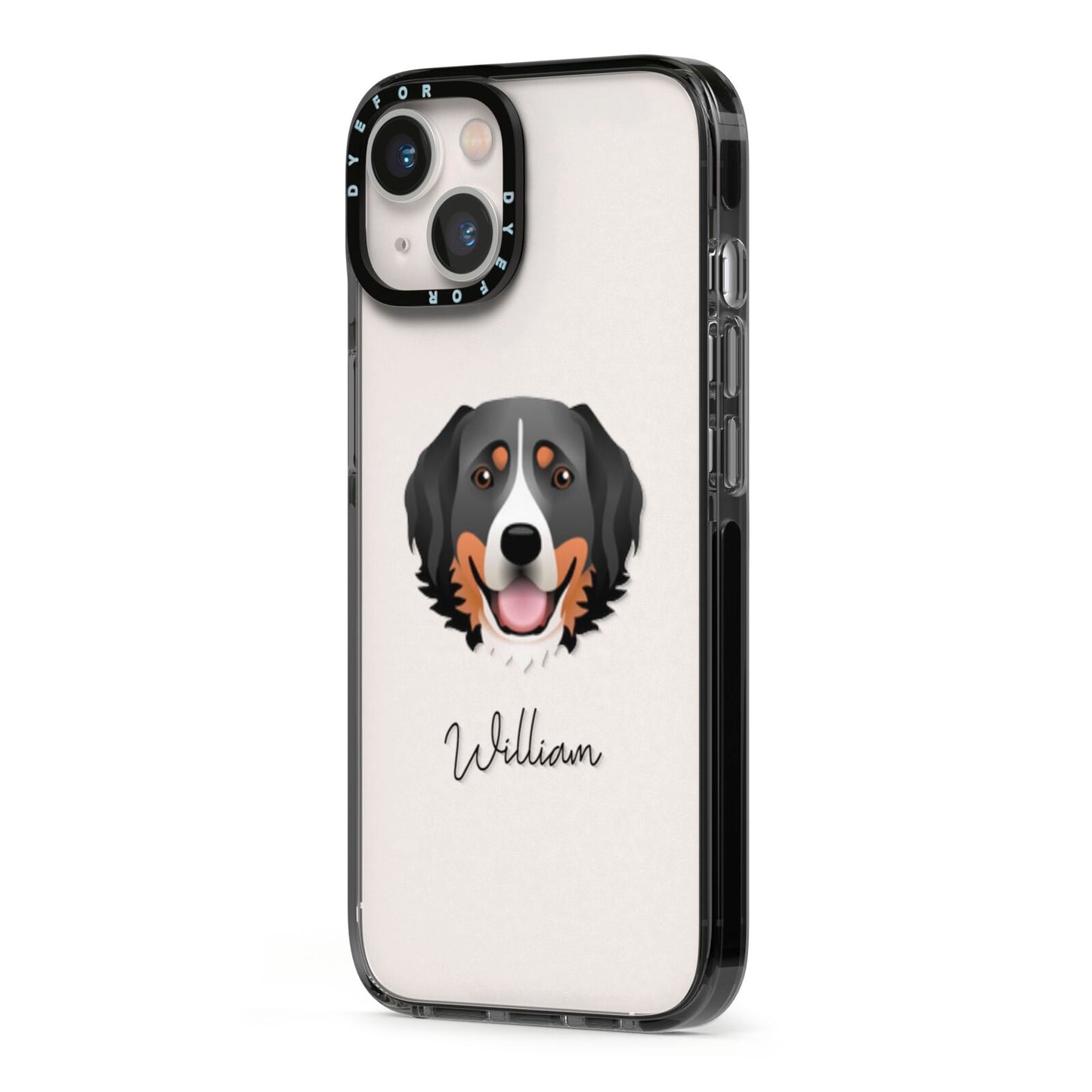 Bernese Mountain Dog Personalised iPhone 13 Black Impact Case Side Angle on Silver phone