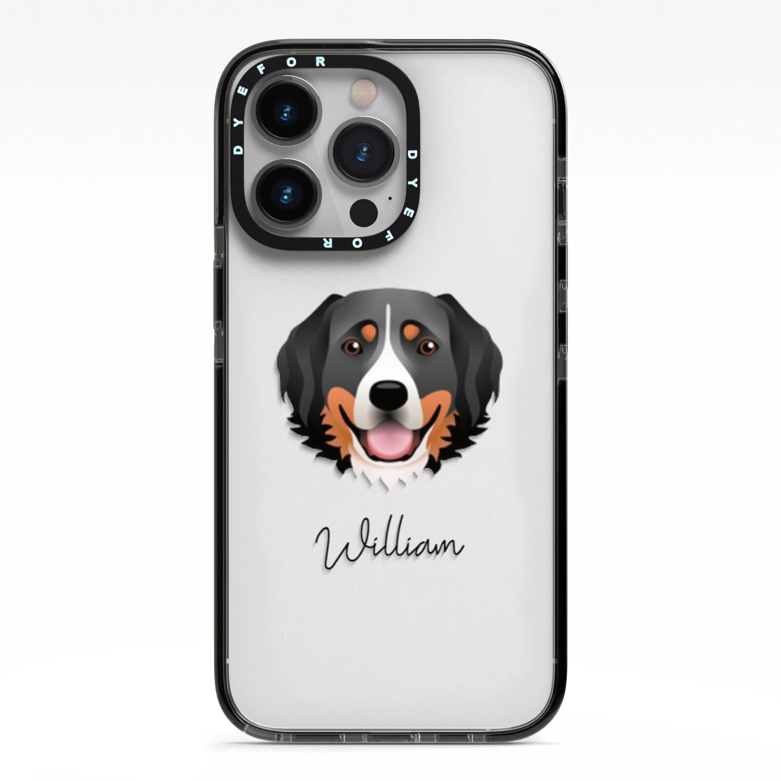 Bernese Mountain Dog Personalised iPhone 13 Pro Black Impact Case on Silver phone