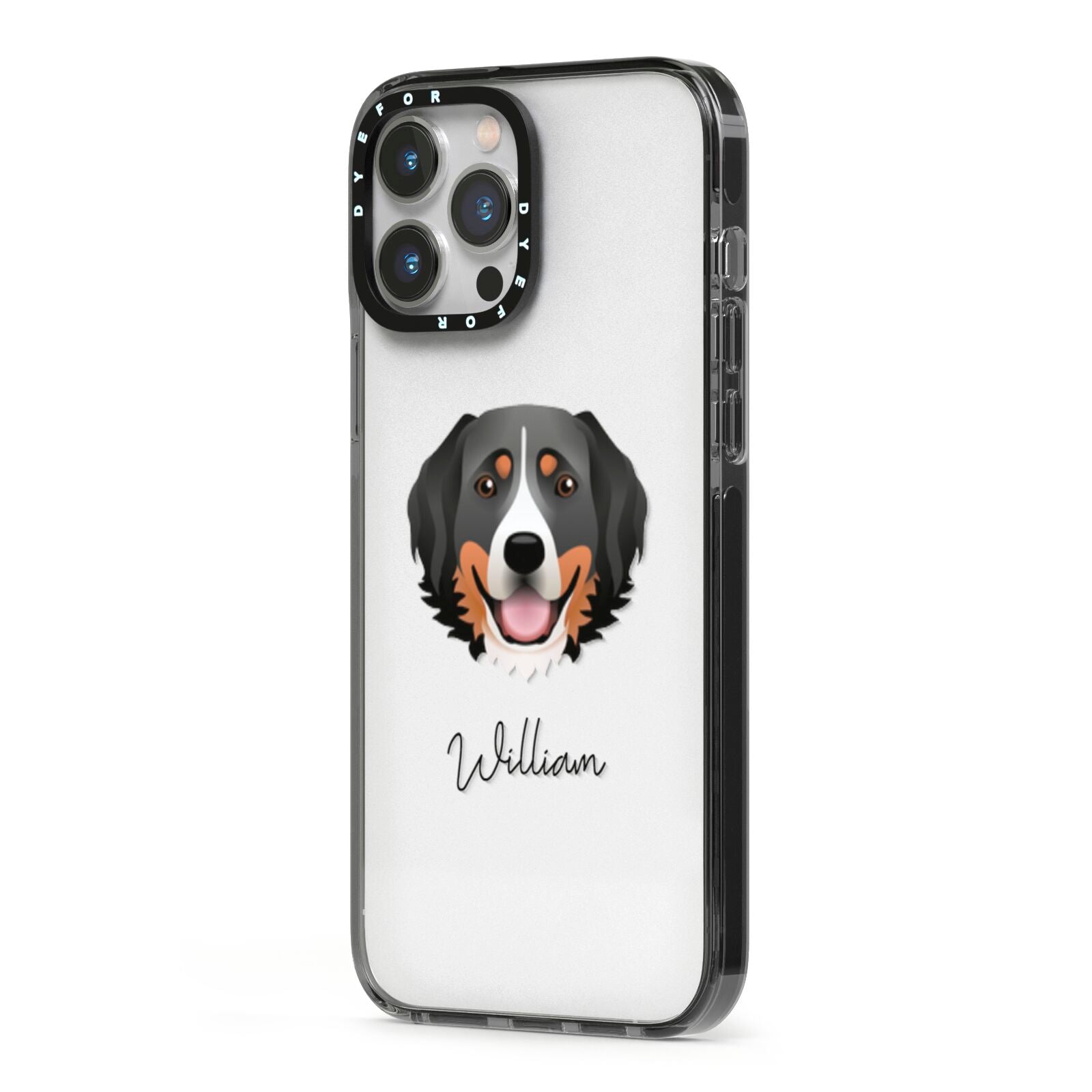 Bernese Mountain Dog Personalised iPhone 13 Pro Max Black Impact Case Side Angle on Silver phone