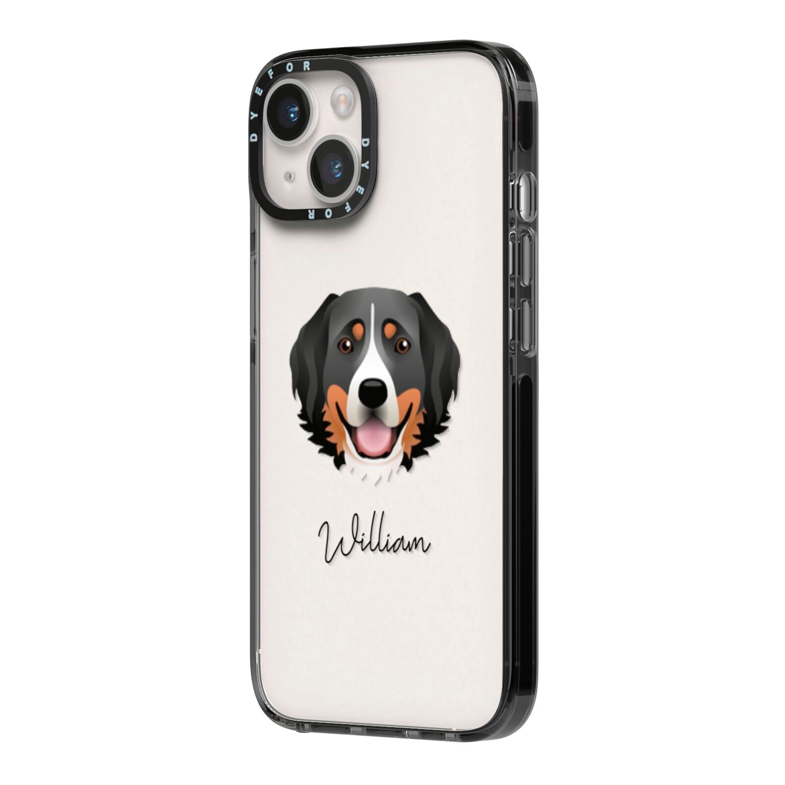 Bernese Mountain Dog Personalised iPhone 14 Black Impact Case Side Angle on Silver phone