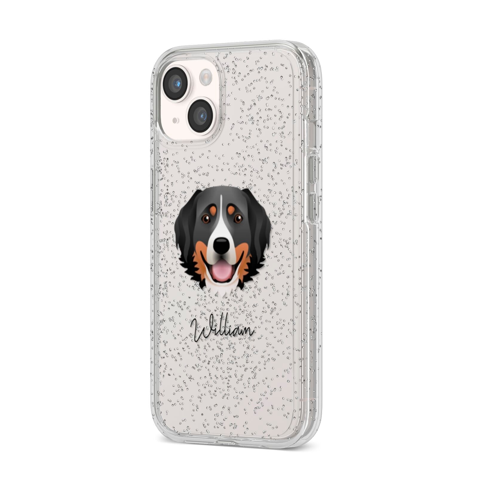 Bernese Mountain Dog Personalised iPhone 14 Glitter Tough Case Starlight Angled Image