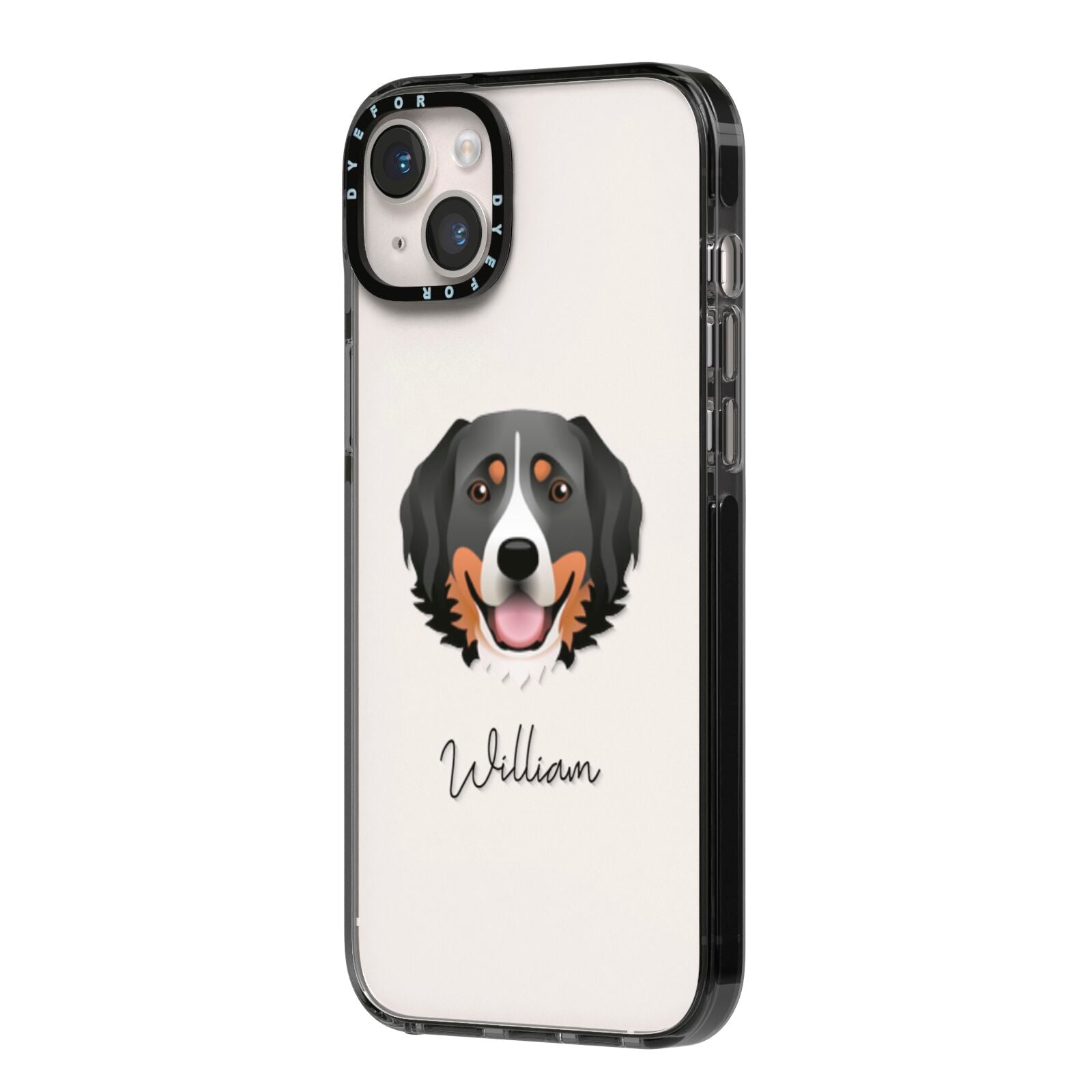Bernese Mountain Dog Personalised iPhone 14 Plus Black Impact Case Side Angle on Silver phone