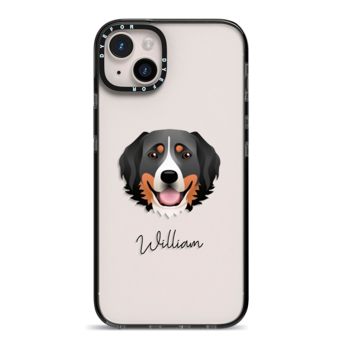 Bernese Mountain Dog Personalised iPhone 14 Plus Black Impact Case on Silver phone