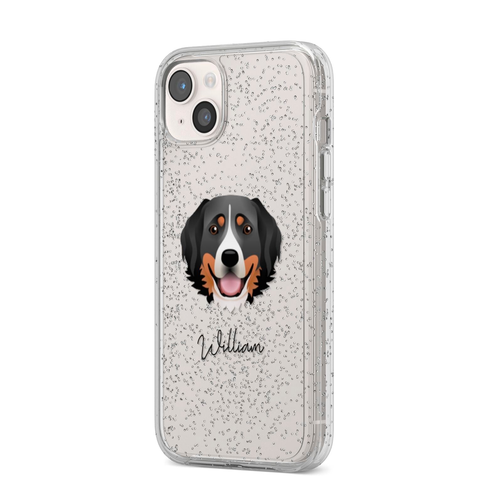 Bernese Mountain Dog Personalised iPhone 14 Plus Glitter Tough Case Starlight Angled Image