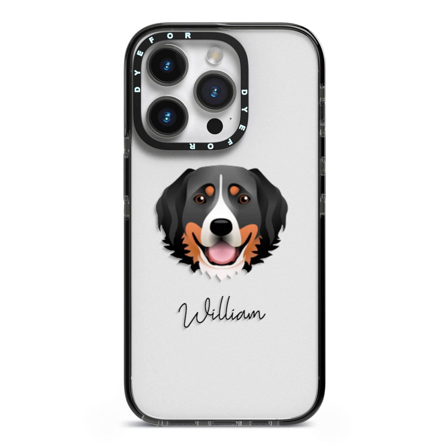 Bernese Mountain Dog Personalised iPhone 14 Pro Black Impact Case on Silver phone