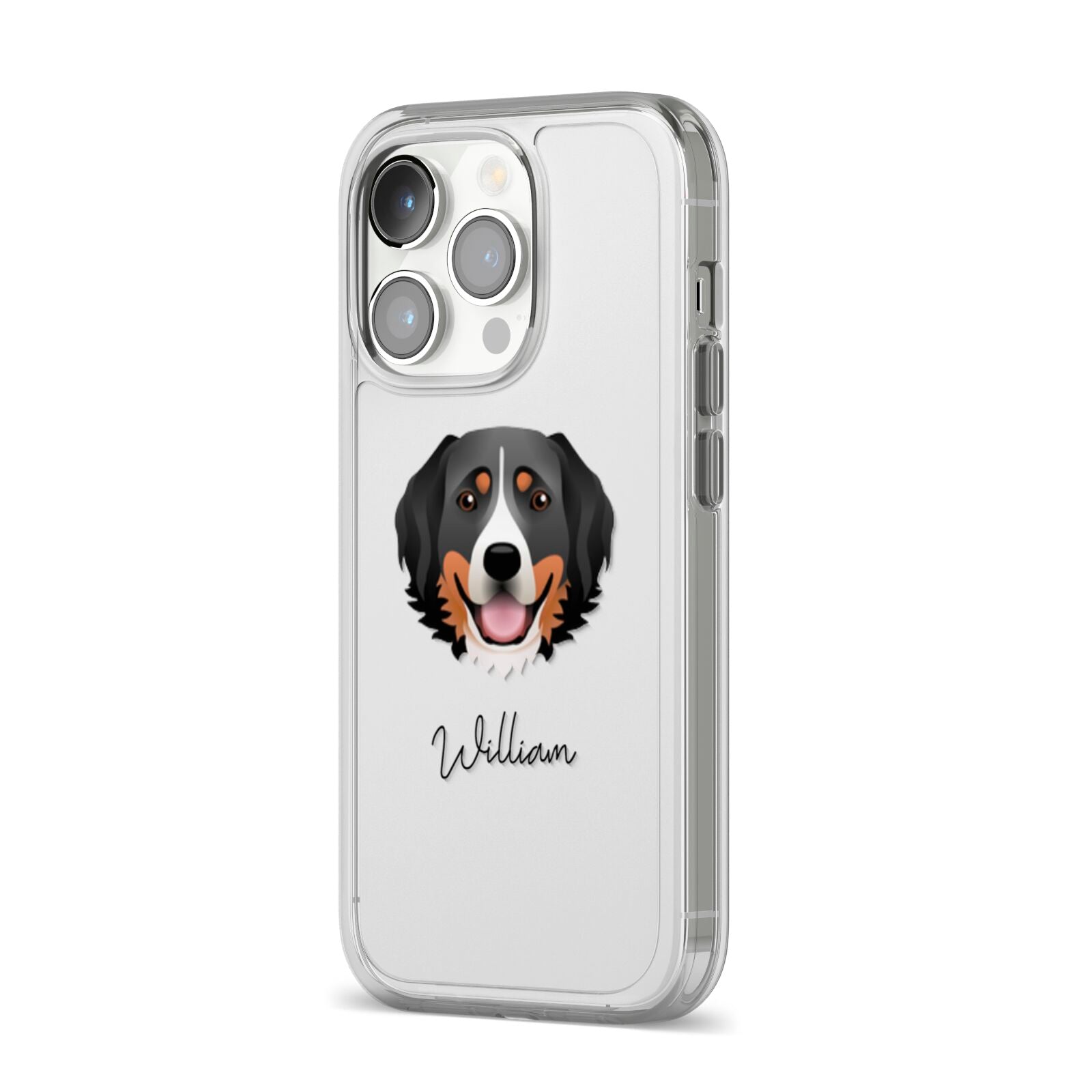 Bernese Mountain Dog Personalised iPhone 14 Pro Clear Tough Case Silver Angled Image