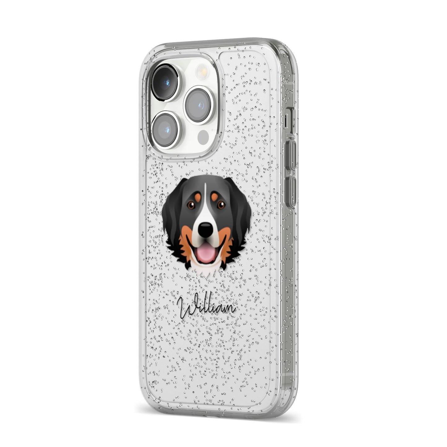 Bernese Mountain Dog Personalised iPhone 14 Pro Glitter Tough Case Silver Angled Image