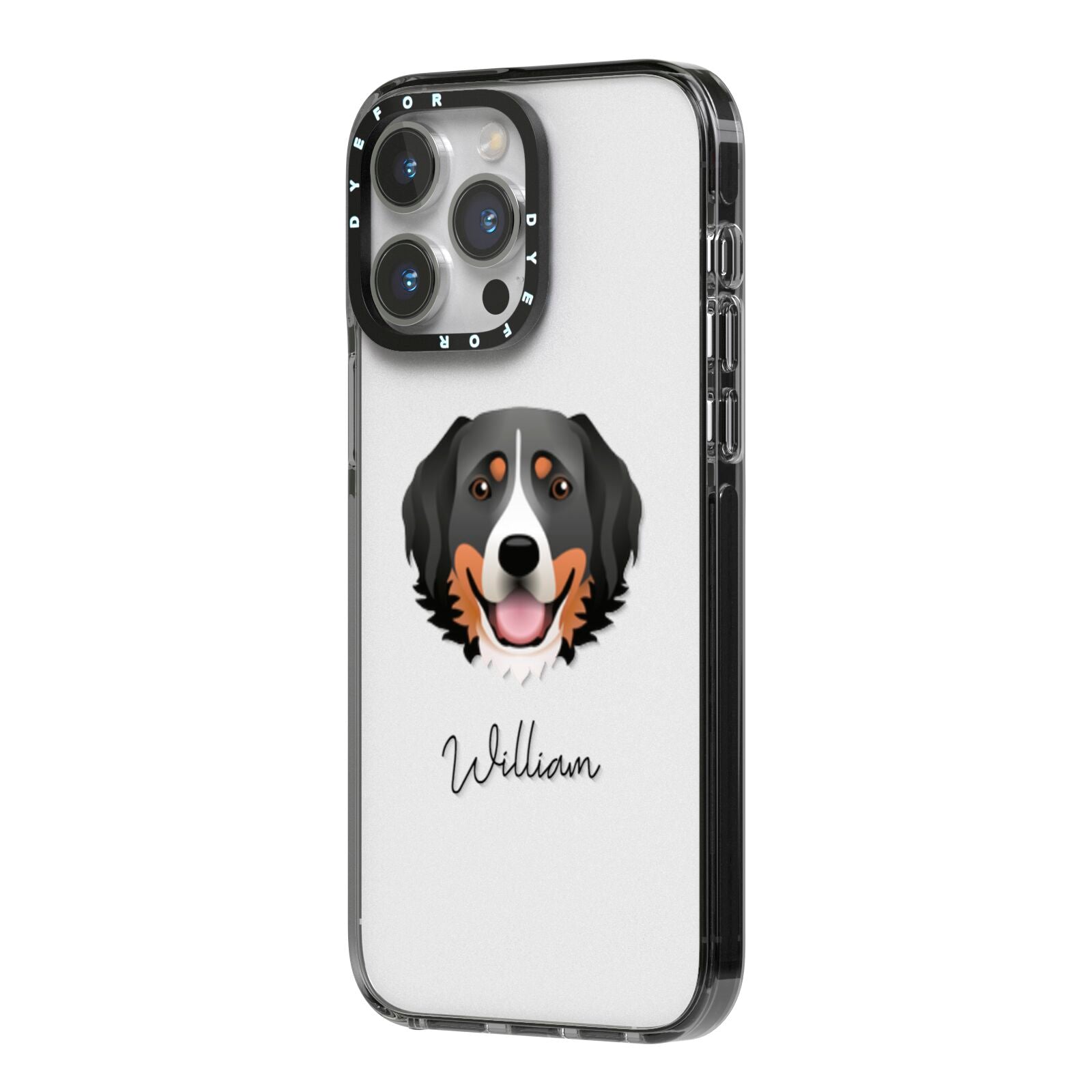 Bernese Mountain Dog Personalised iPhone 14 Pro Max Black Impact Case Side Angle on Silver phone