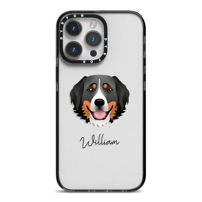 Bernese Mountain Dog Personalised iPhone 14 Pro Max Black Impact Case on Silver phone