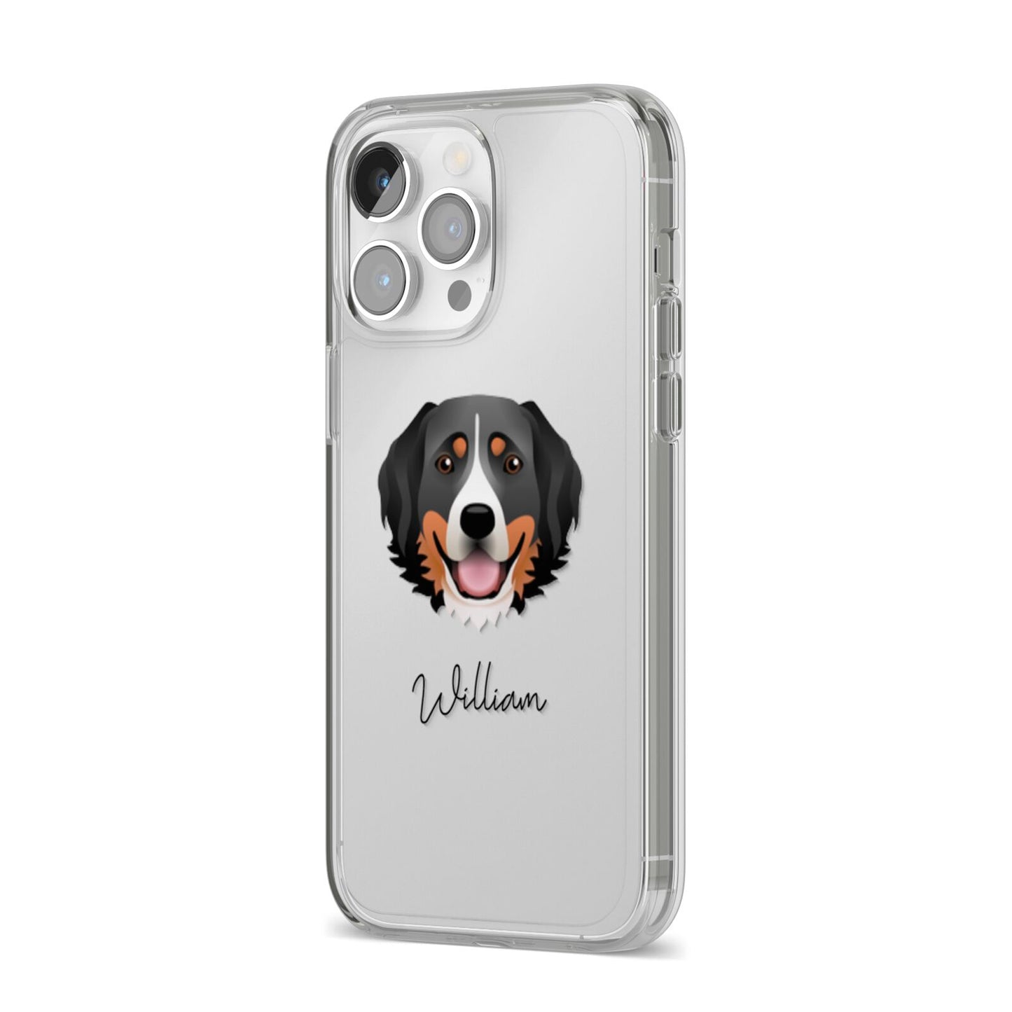 Bernese Mountain Dog Personalised iPhone 14 Pro Max Clear Tough Case Silver Angled Image