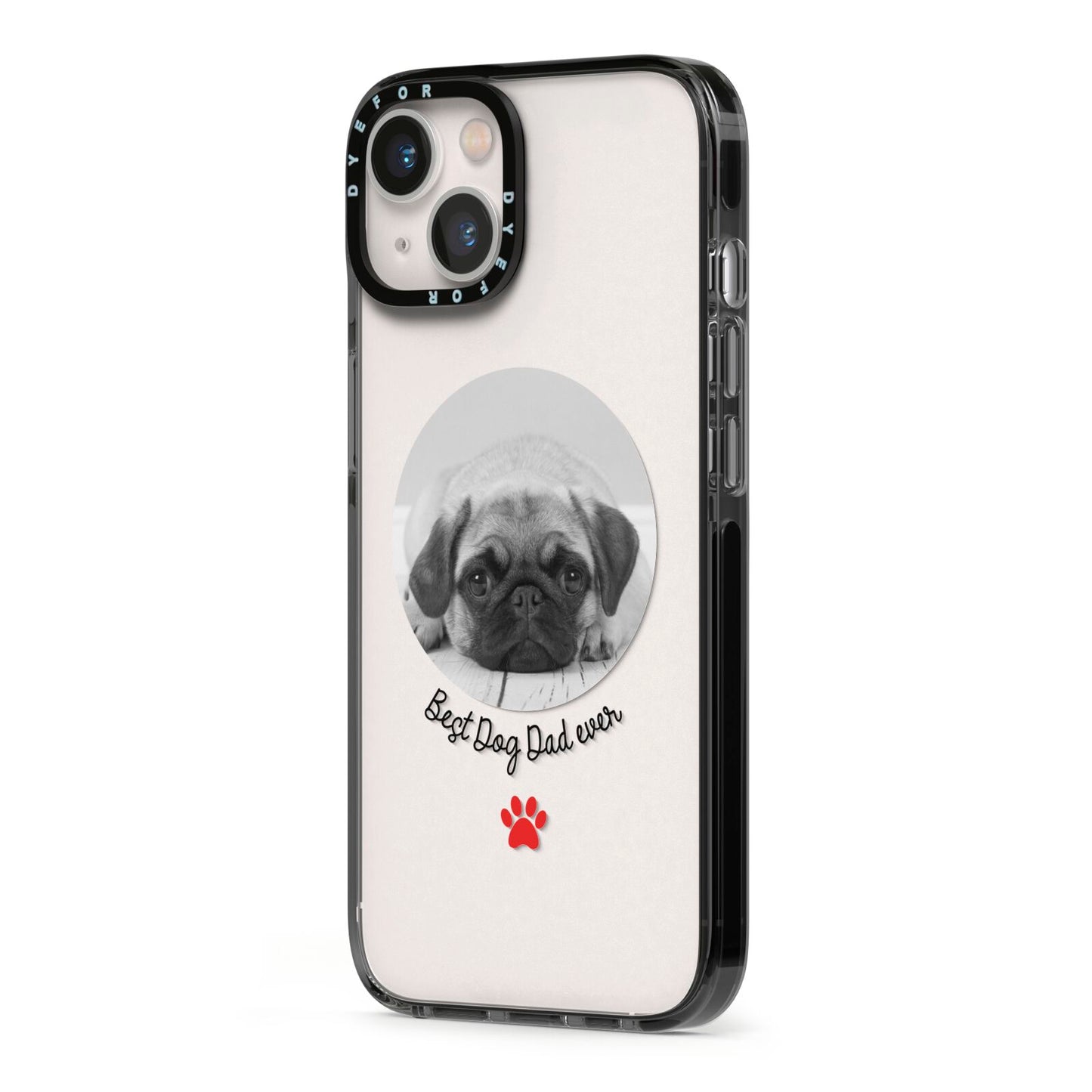 Best Dog Dad Ever Photo Upload iPhone 13 Black Impact Case Side Angle on Silver phone
