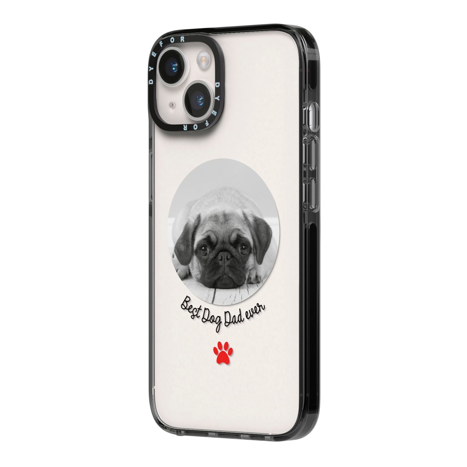 Best Dog Dad Ever Photo Upload iPhone 14 Black Impact Case Side Angle on Silver phone